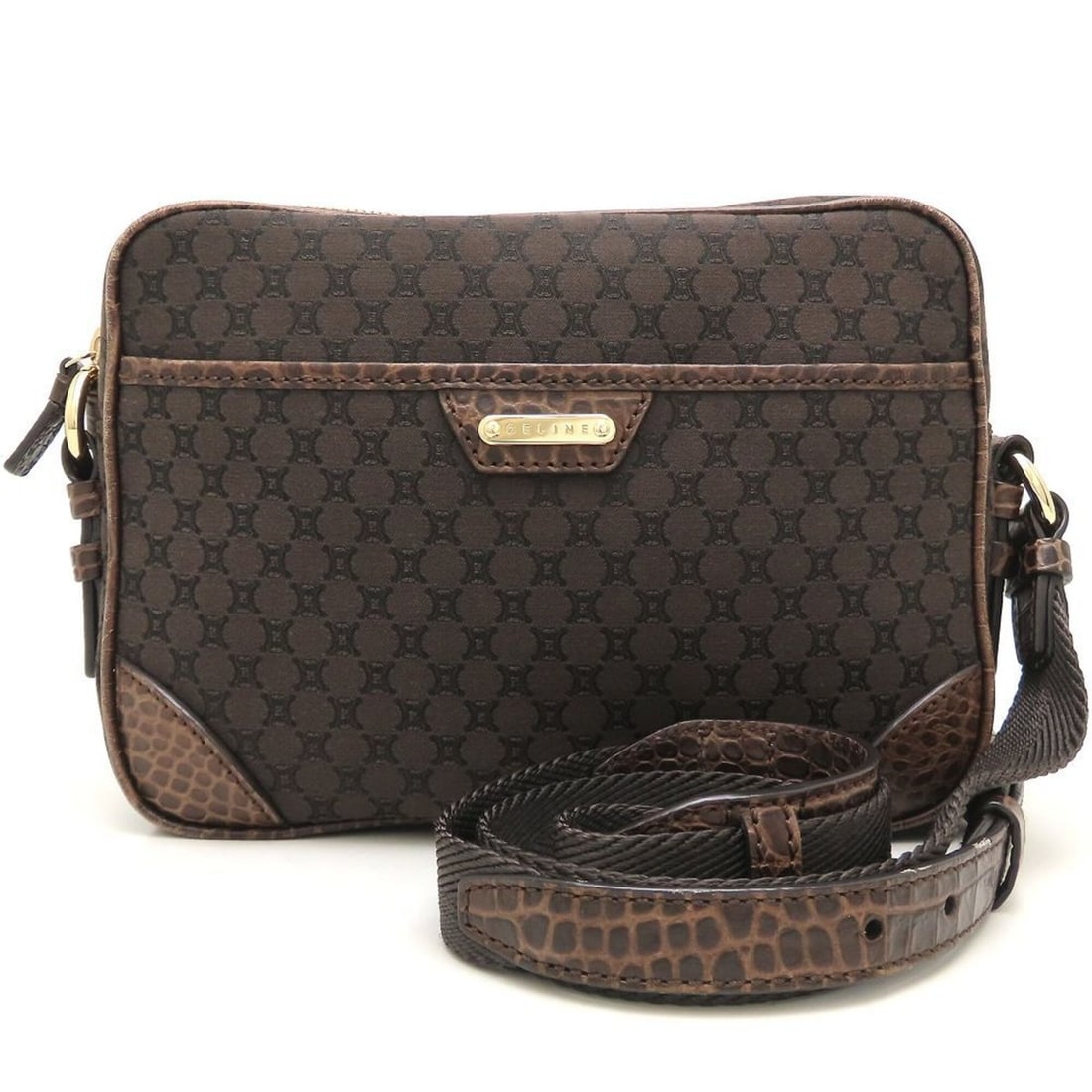CELINE Macadam Pattern Vintage Shoulder Bag, Canvas x Embossed Leather, Brown, Women's, 353323: --- Catalog ---Category: SizeSize (HxWxD): 18cm x 24cm x 5.5cm / 7.08'' x 9.44'' x 2.16''Strap Length: 129cm - 139cm / 50.78'' - 54.72''Category: DesignType: Shoulder bagColor: Dark brownGender: Women