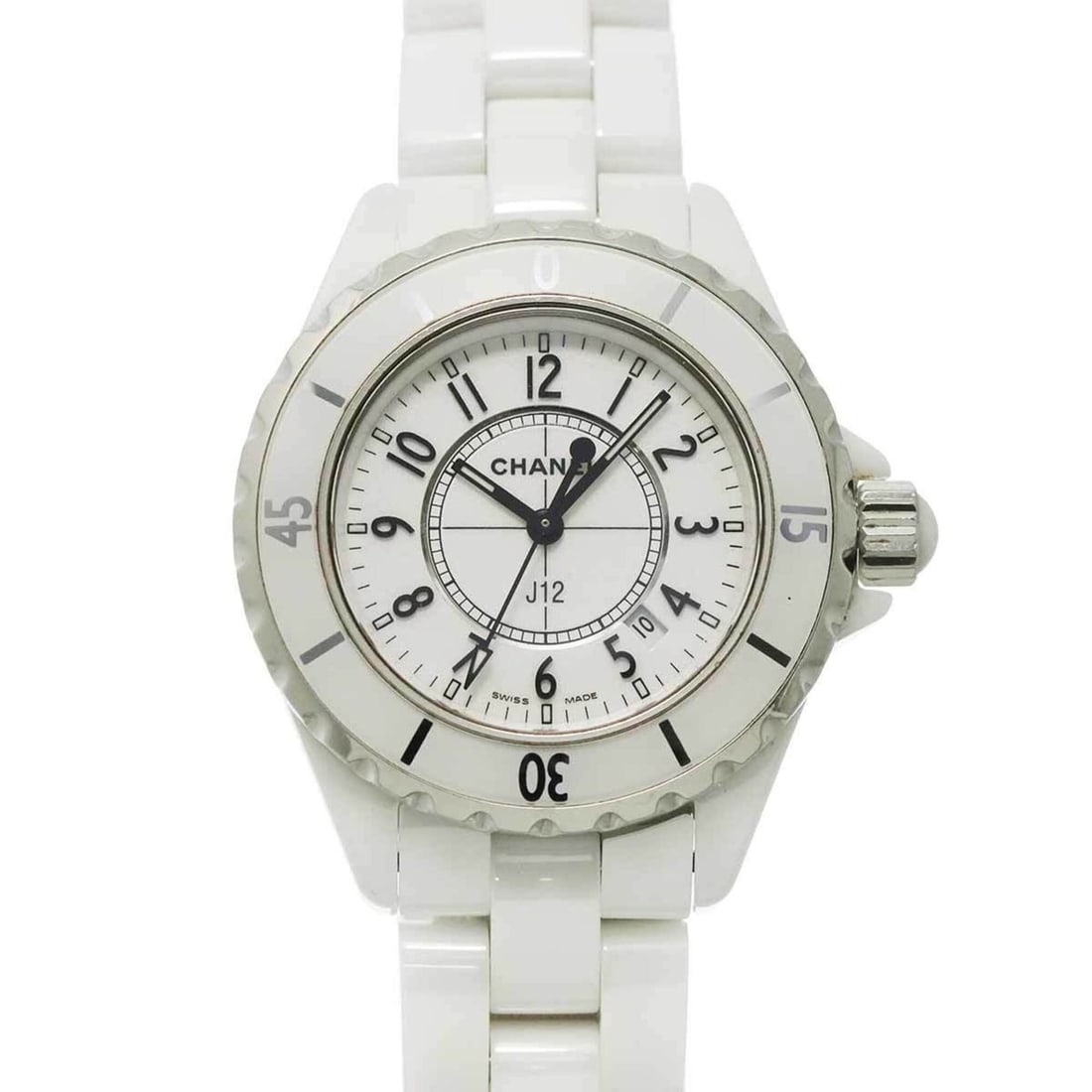 Chanel J12 33mm H0968 Women's Watch, Date Display, White Ceramic Quartz Watch: --- Catalog ---Category: SizeWrist Size: 17cm / 6.69''Case Diameter: 34mm / 1.34''Category: DesignType: WristwatchGender: WomenColor (Dial): WhiteMaterial (Band): Ceramic, Stainless steelMaterial (Cas