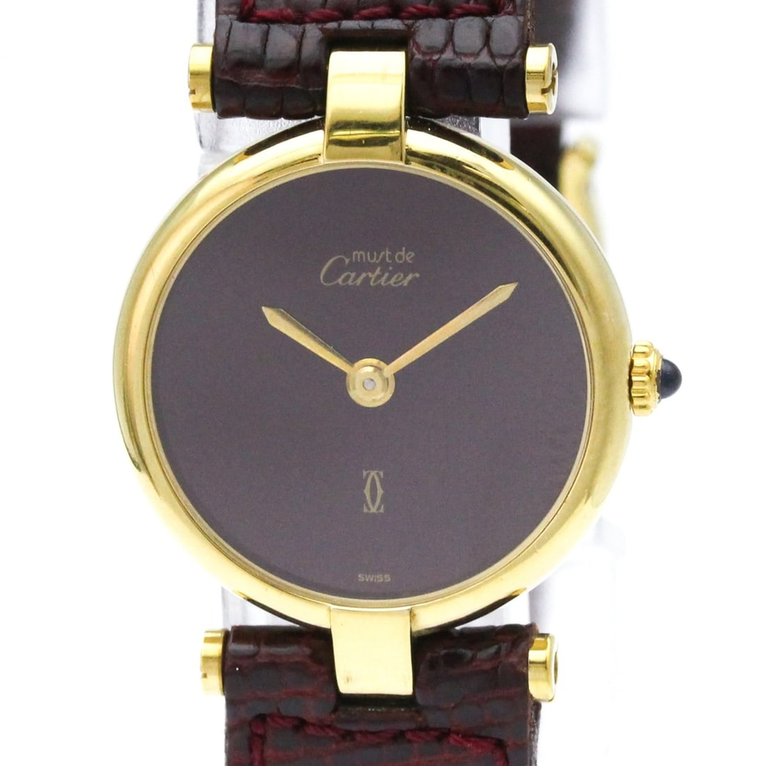 CARTIER Must Vendome Gold Plated Leather Quartz Ladies Watch: --- Catalog ---Category: SizeCase Diameter: 24mm / 0.94''Category: DesignType: WristwatchStyle: Dress/FormalGender: WomenColor (Dial): BordeauxMaterial (Band): LeatherMaterial (Case): Gold platedCateg