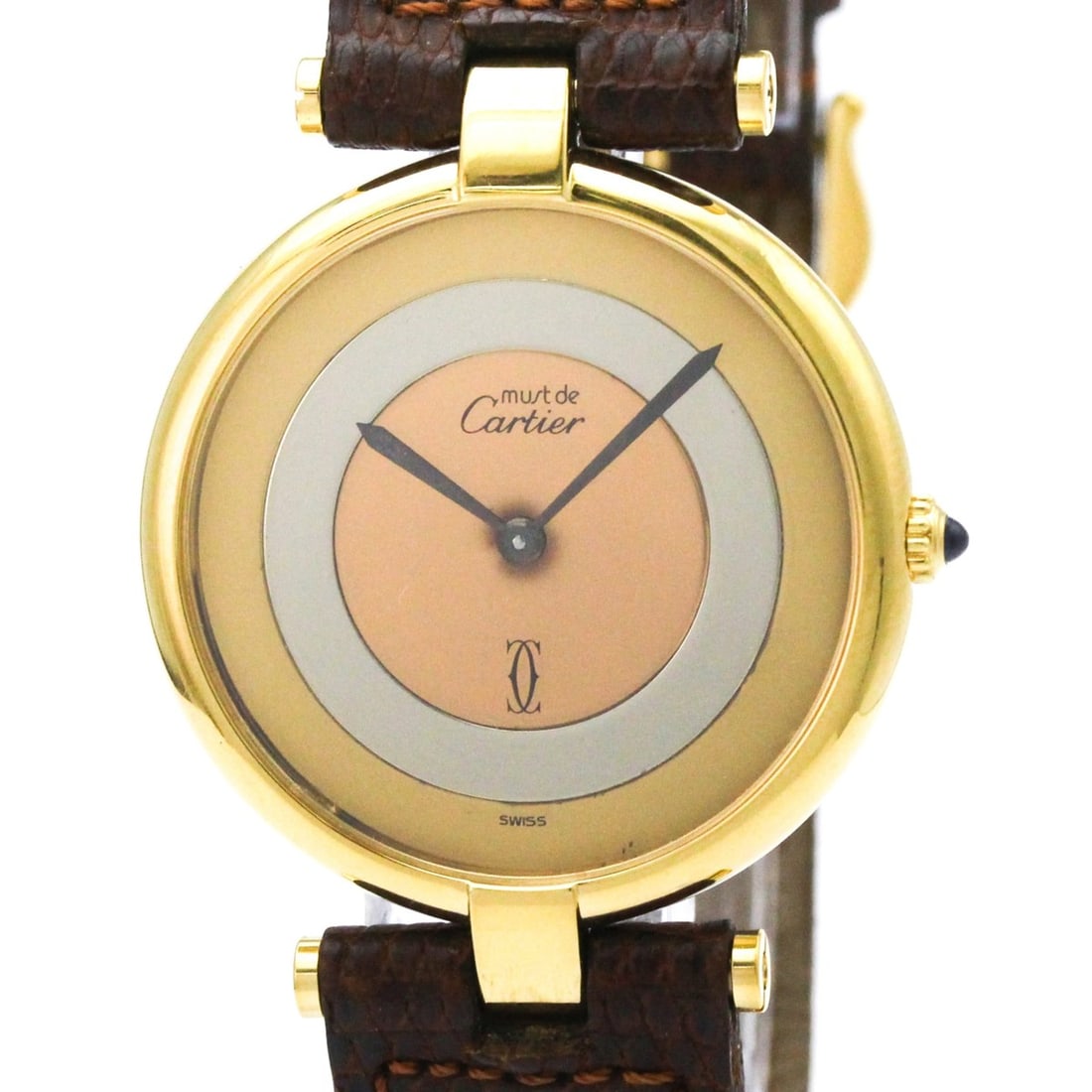 CARTIER Must Vendome Gold Plated Leather Quartz Unisex Watch: --- Catalog ---Category: SizeCase Diameter: 30mm / 1.18''Category: DesignType: WristwatchStyle: Dress/FormalGender: UnisexColor (Dial): GoldMaterial (Band): LeatherMaterial (Case): Gold platedCategory
