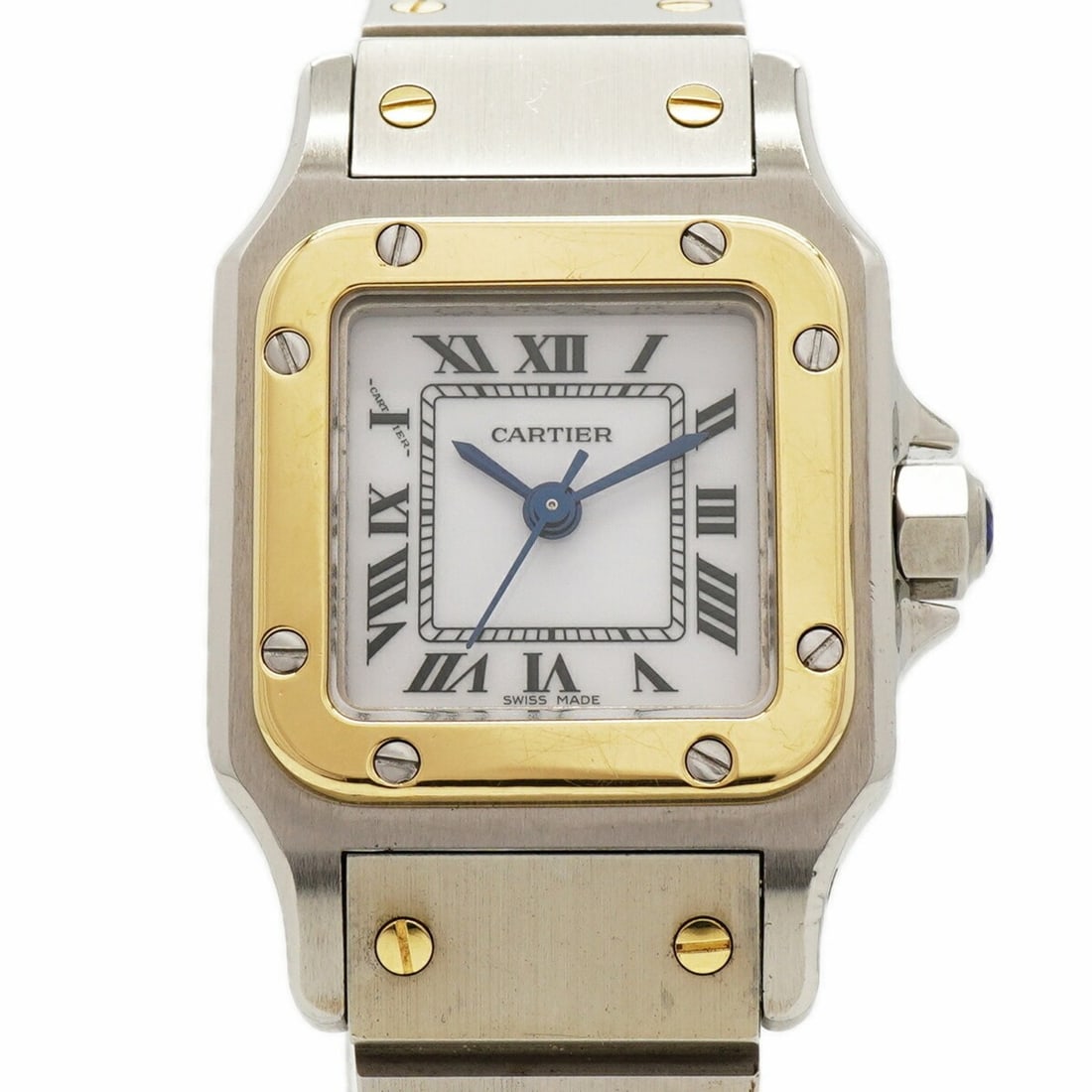 Cartier Santos Galbee SM White Dial Women's Watch: --- Catalog ---Category: SizeWrist Size: 14.5cm / 5.7''Case Diameter: 23.5mm / 0.93''Category: DesignType: WristwatchGender: WomenColor (Dial): WhiteMaterial (Band): Stainless steel, Yellow goldCatego