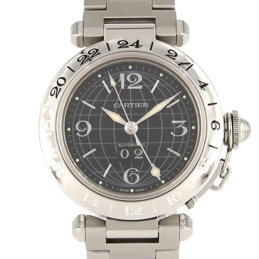 Cartier Pasha C GMT Grande Date W31049M7 Stainless Steel Automatic Watch: --- Catalog ---Category: SizeWrist Size: 17.5cm / 6.88''Case Diameter: 35mm / 1.38''Category: DesignType: WristwatchGender: Women,MenColor (Dial): BlackMaterial (Band): Stainless steelMaterial (Case):