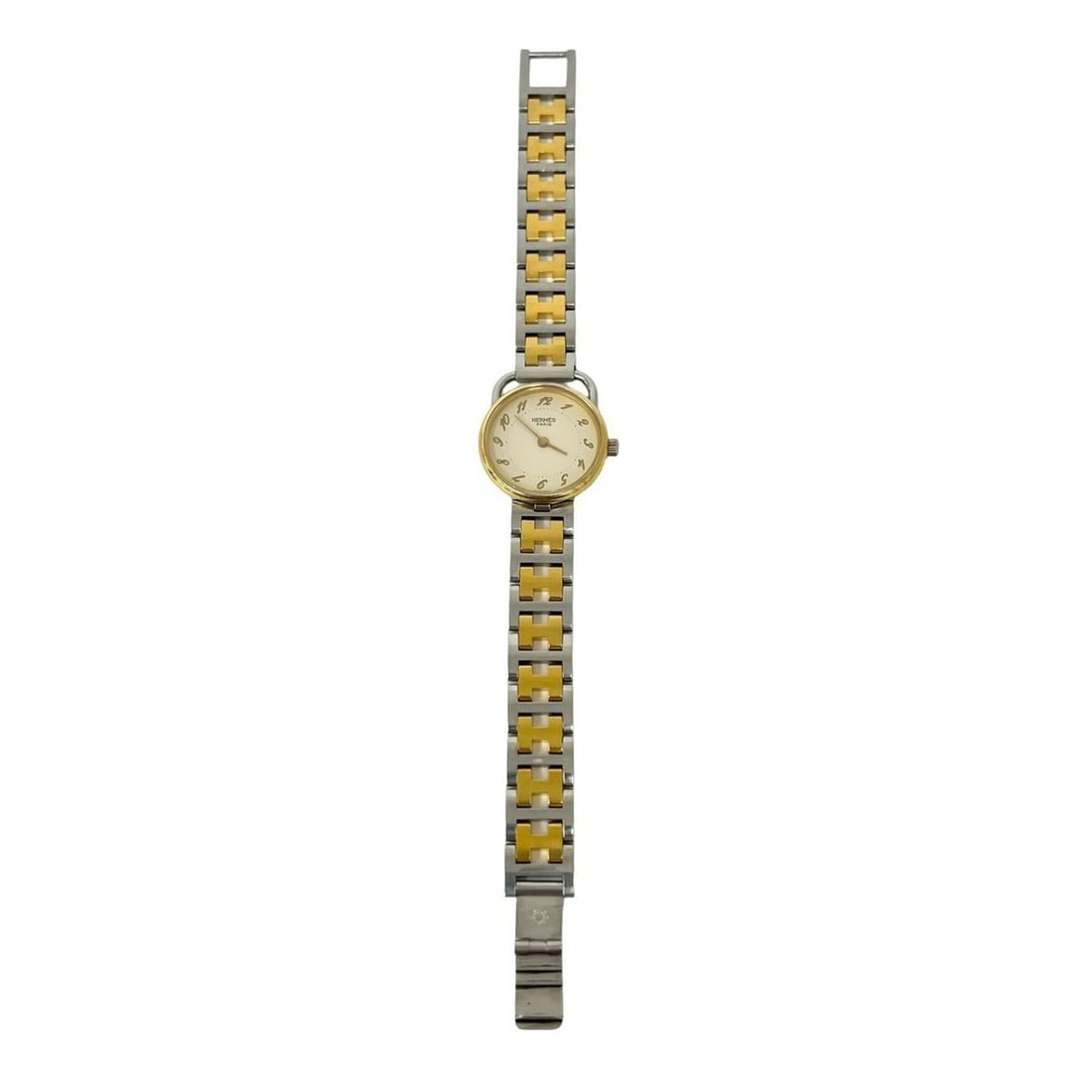 HERMES Arceau H Logo Belt Stainless Steel GP Quartz Wristwatch Silver Gold 34591: --- Catalog ---Category: SizeWrist Size: 17cm / 6.69''Case Diameter: 24mm / 0.94''Category: DesignType: WristwatchGender: WomenMaterial (Band): Gold plated, Stainless steelMaterial (Case): Gold plated