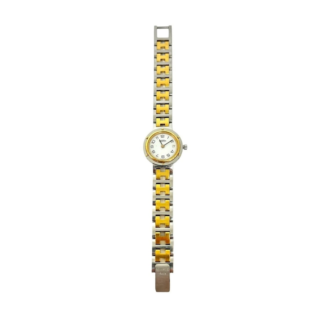 HERMES Clipper Stainless Steel GP Quartz Wristwatch, Silver/Gold, 31964: --- Catalog ---Category: SizeWrist Size: 15cm / 5.9''Case Diameter: 24mm / 0.94''Category: DesignType: WristwatchGender: Men,WomenMaterial (Band): Gold plated, Stainless steelMaterial (Case): Gold pla