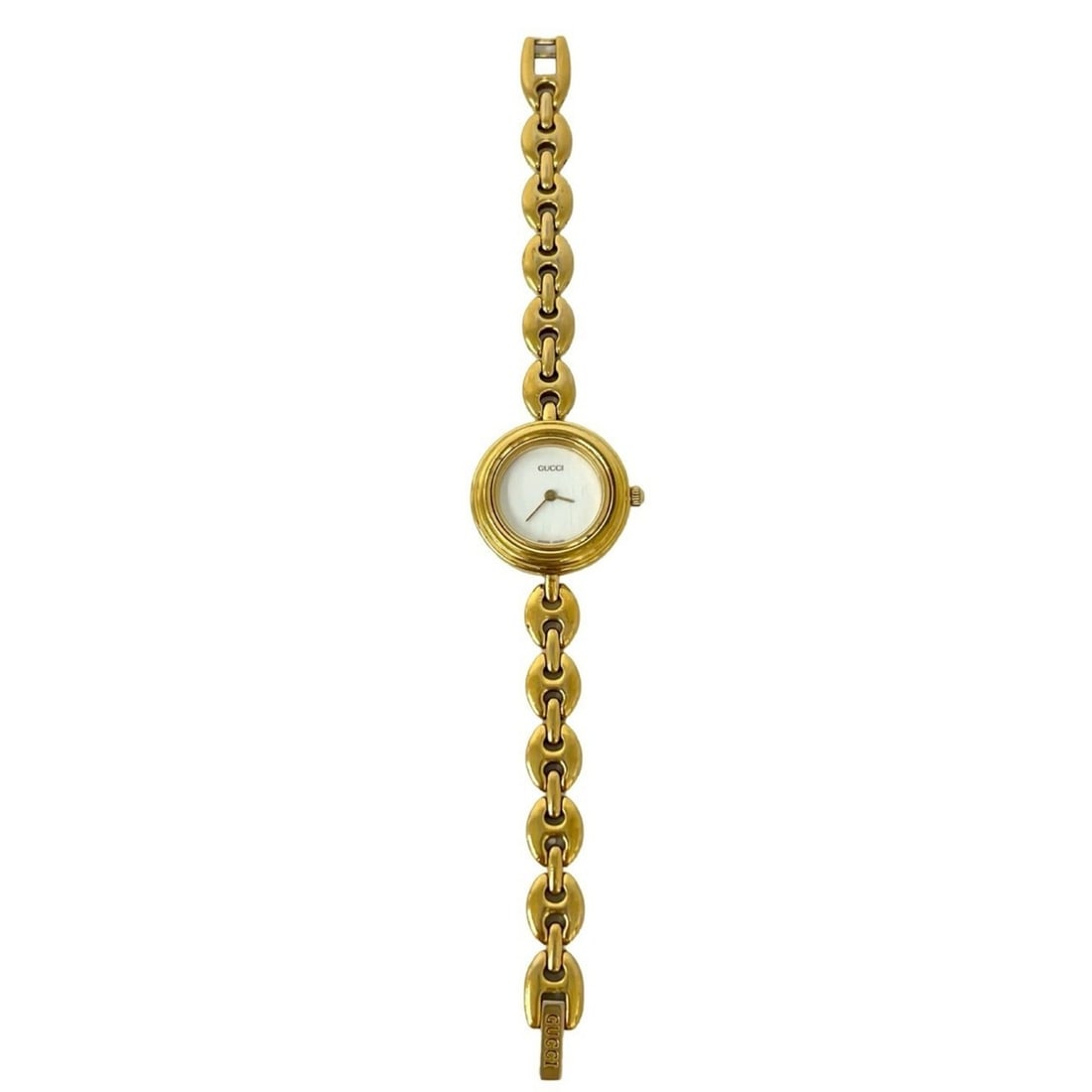 GUCCI Vintage Logo Engraved Chain GP Watch Wristwatch Gold White 36330: --- Catalog ---Category: SizeWrist Size: 15.5cm / 6.1''Case Diameter: 20mm / 0.79''Category: DesignType: WristwatchGender: Women,MenMaterial (Band): Gold platedMaterial (Case): Gold platedCategory: Ge