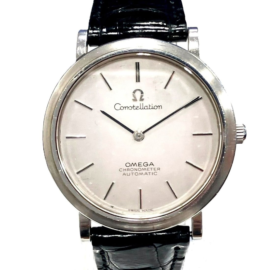 Omega Constellation wristwatch, total weight 36.8g, stainless steel, genuine leather strap,: --- Catalog ---Category: SizeWrist Size: 15cm - 19.5cm / 5.9'' - 7.67''Case Diameter: 34mm / 1.34''Category: DesignType: WristwatchGender: Men,WomenColor (Dial): SilverMaterial (Band): LeatherMaterial