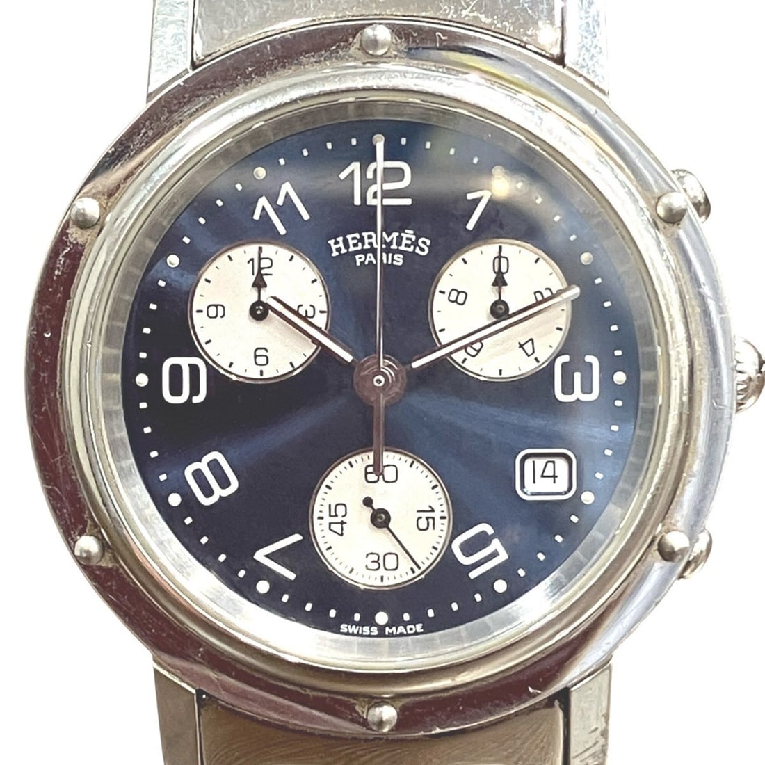 Hermes Clipper watch, total weight 102.4g, stainless steel, quartz movement, navy dial, CL1.910: --- Catalog ---Category: SizeWrist Size: 18cm / 7.08''Case Diameter: 33.8mm / 1.33''Category: DesignType: WristwatchGender: MenColor (Dial): NavyMaterial (Band): Stainless steelMaterial (Case): Stainl