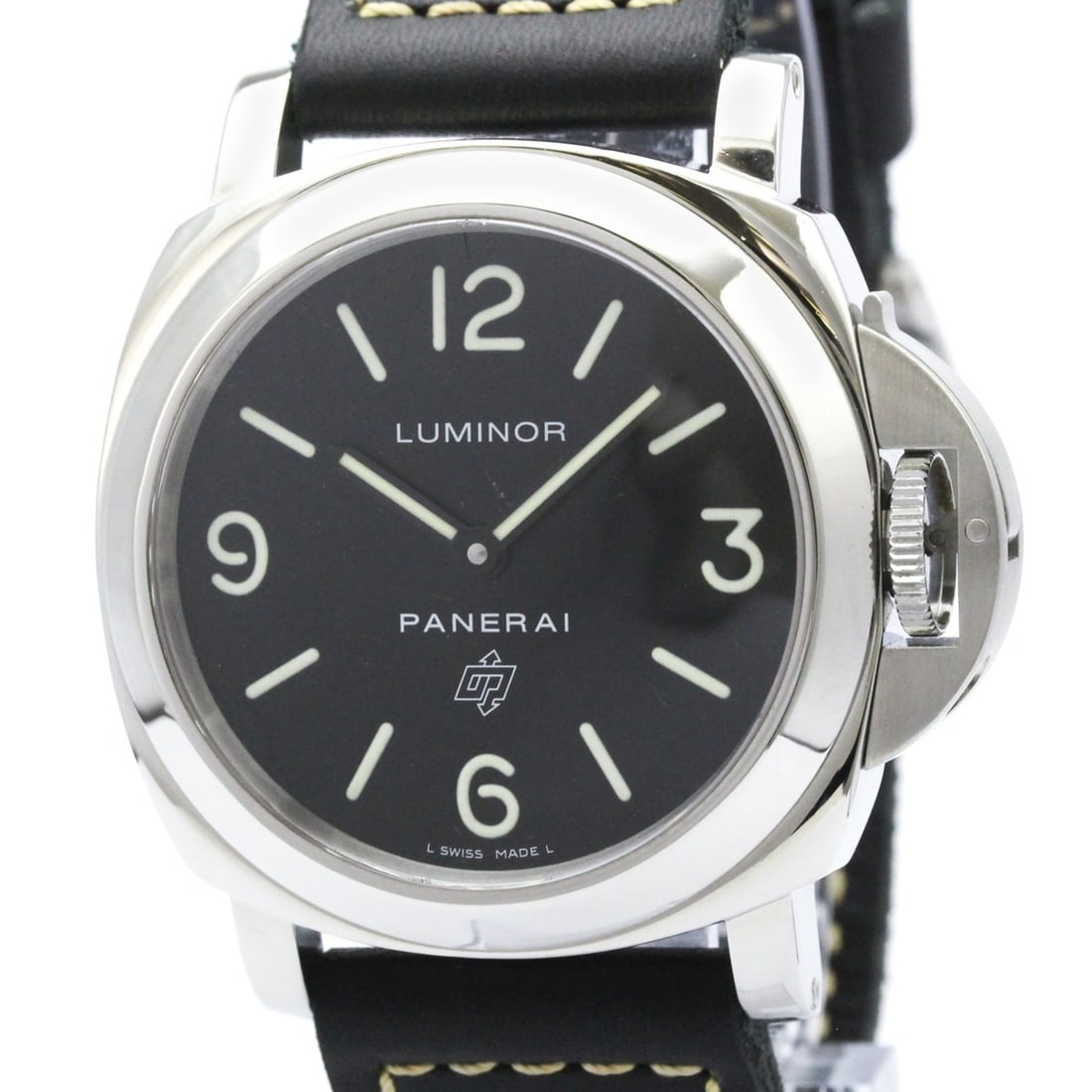 PANERAI Luminor Base Logo Steel Hand-Winding Watch PAM00000 Polished: --- Catalog ---Category: SizeCase Diameter: 44mm / 1.73''Category: DesignType: WristwatchStyle: SportGender: MenColor (Dial): BlackMaterial (Band): LeatherMaterial (Case): Stainless steelCategory: Gen
