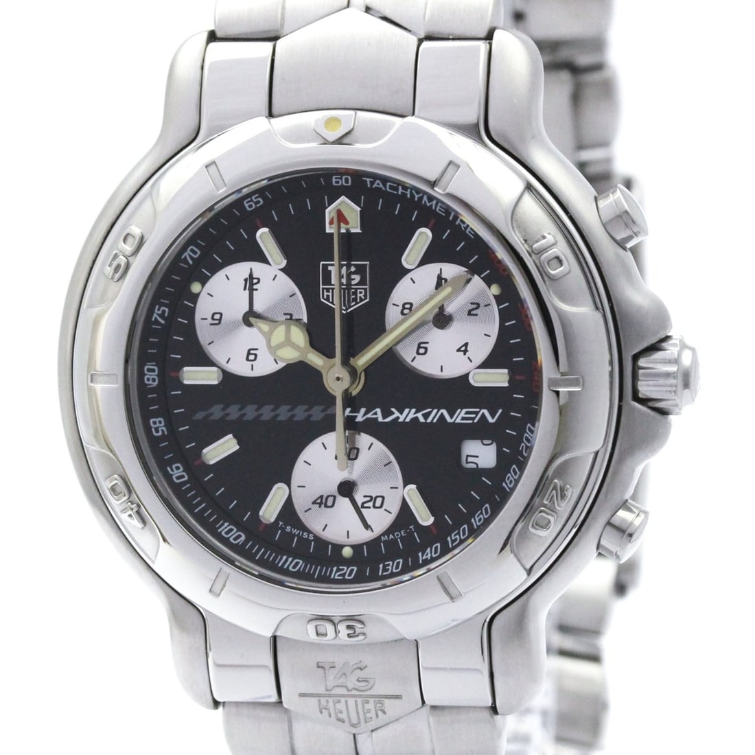 TAG HEUER 6000 Chronograph Mika Hakkinen Limited Watch CH1114 Polished: --- Catalog ---Category: SizeCase Diameter: 40mm / 1.57''Category: DesignType: WristwatchStyle: SportGender: MenColor (Dial): BlackMaterial (Band): Stainless steelMaterial (Case): Stainless steelCateg