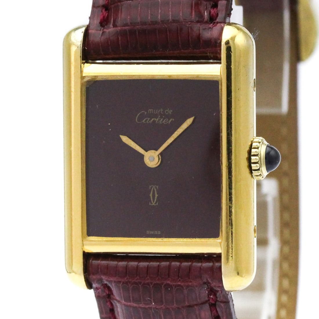 CARTIER Must Tank Vermeil Gold Plated Leater Hand-Winding Ladies Watch: --- Catalog ---Category: SizeCase Diameter: 20mm / 0.79''Category: DesignType: WristwatchStyle: Dress/FormalGender: WomenColor (Dial): BordeauxMaterial (Band): LeatherMaterial (Case): Gold platedCateg