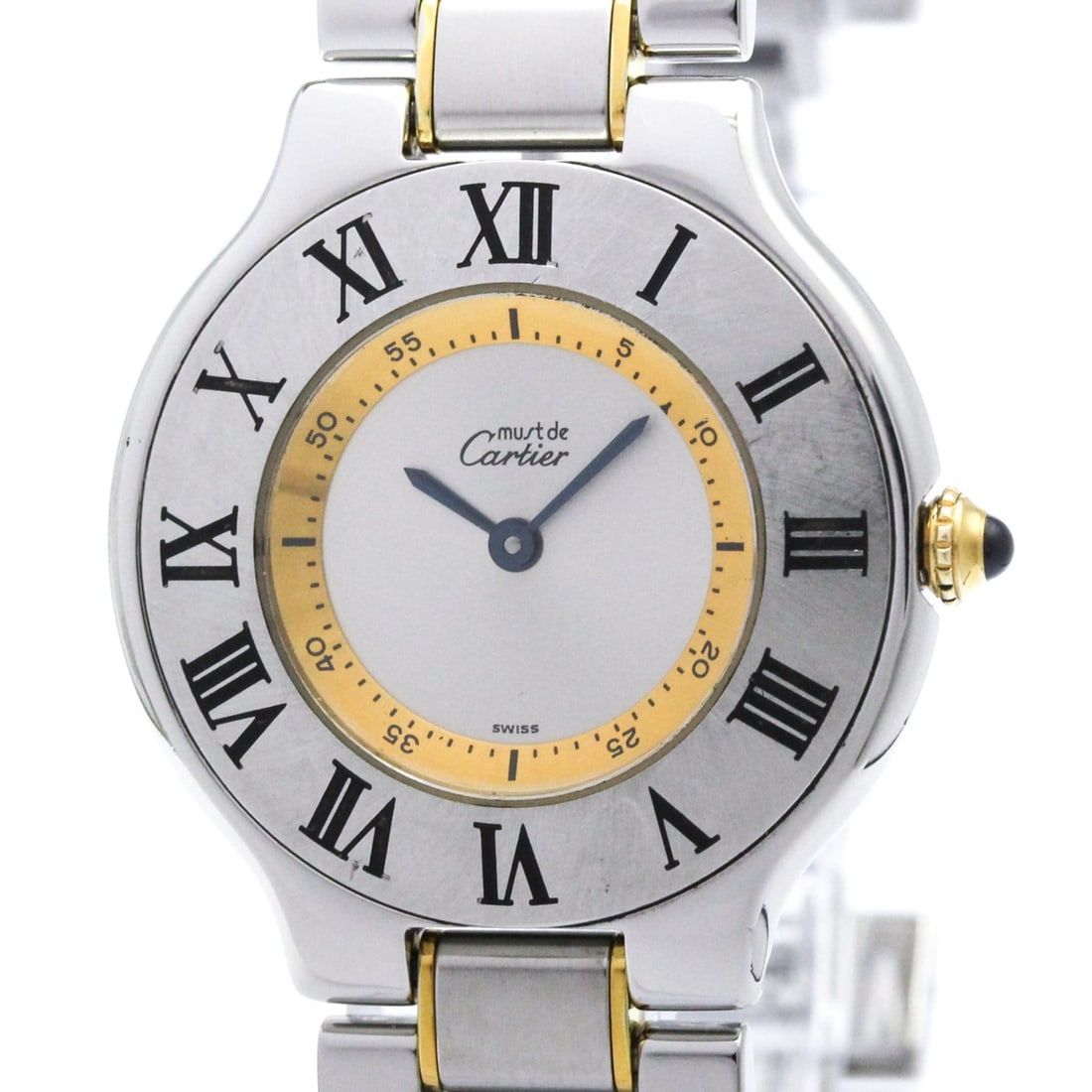 CARTIER Must 21 Gold Plated Steel Quartz Ladies Watch W10074R6 Polished: --- Catalog ---Category: SizeCase Diameter: 31mm / 1.22''Category: DesignType: WristwatchStyle: Dress/FormalGender: WomenColor (Dial): SilverMaterial (Band): Gold plated, Stainless steelMaterial (Case