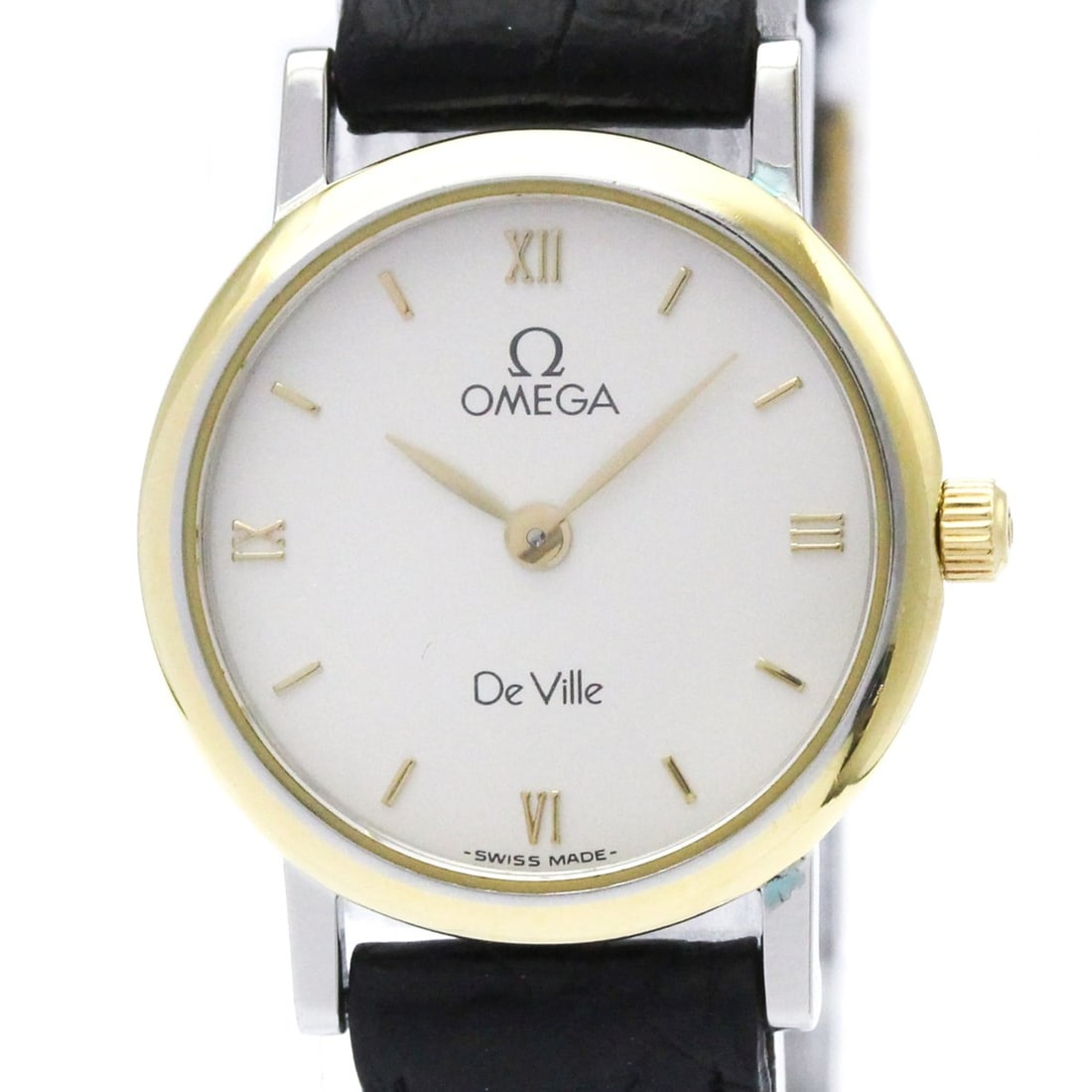 OMEGA De Ville Gold Plated Steel Quartz Ladies Watch 595.1111 Polished: --- Catalog ---Category: SizeCase Diameter: 23mm / 0.91''Category: DesignType: WristwatchStyle: Dress/FormalGender: WomenColor (Dial): SilverMaterial (Band): LeatherMaterial (Case): Gold plated, Stain
