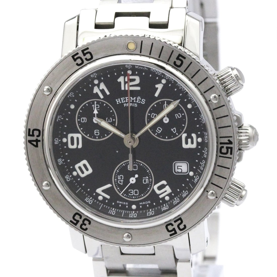 HERMES Clipper Diver Chronograph Quartz Mens Watch CL2.910 Polished: --- Catalog ---Category: SizeCase Diameter: 40mm / 1.57''Category: DesignType: WristwatchStyle: SportGender: MenColor (Dial): BlackMaterial (Band): Stainless steelMaterial (Case): Stainless steelCateg
