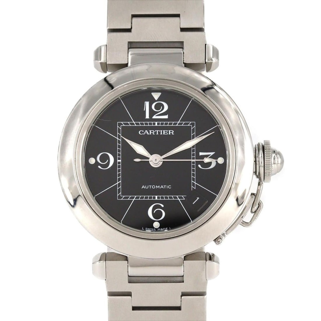 Cartier Pasha C W31076M7 Stainless Steel Automatic Watch: --- Catalog ---Category: SizeWrist Size: 18cm / 7.08''Case Diameter: 35mm / 1.38''Category: DesignType: WristwatchGender: Women,MenColor (Dial): BlackMaterial (Band): Stainless steelMaterial (Case): S