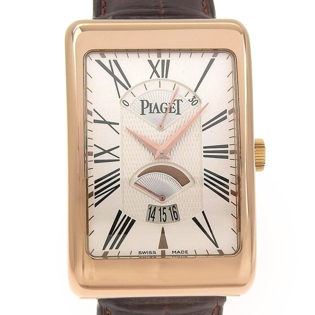 Piaget Rectangle à l'Anciennes XL G0A33062 Silver Dial 18K Pink Gold/Leather 2026/01 Automatic: --- Catalog ---Category: SizeWrist Size: 17.5cm / 6.88''Case Diameter: 31mm / 1.22''Category: DesignType: WristwatchGender: WomenColor (Dial): SilverMaterial (Band): LeatherMaterial (Case): Pink gold 