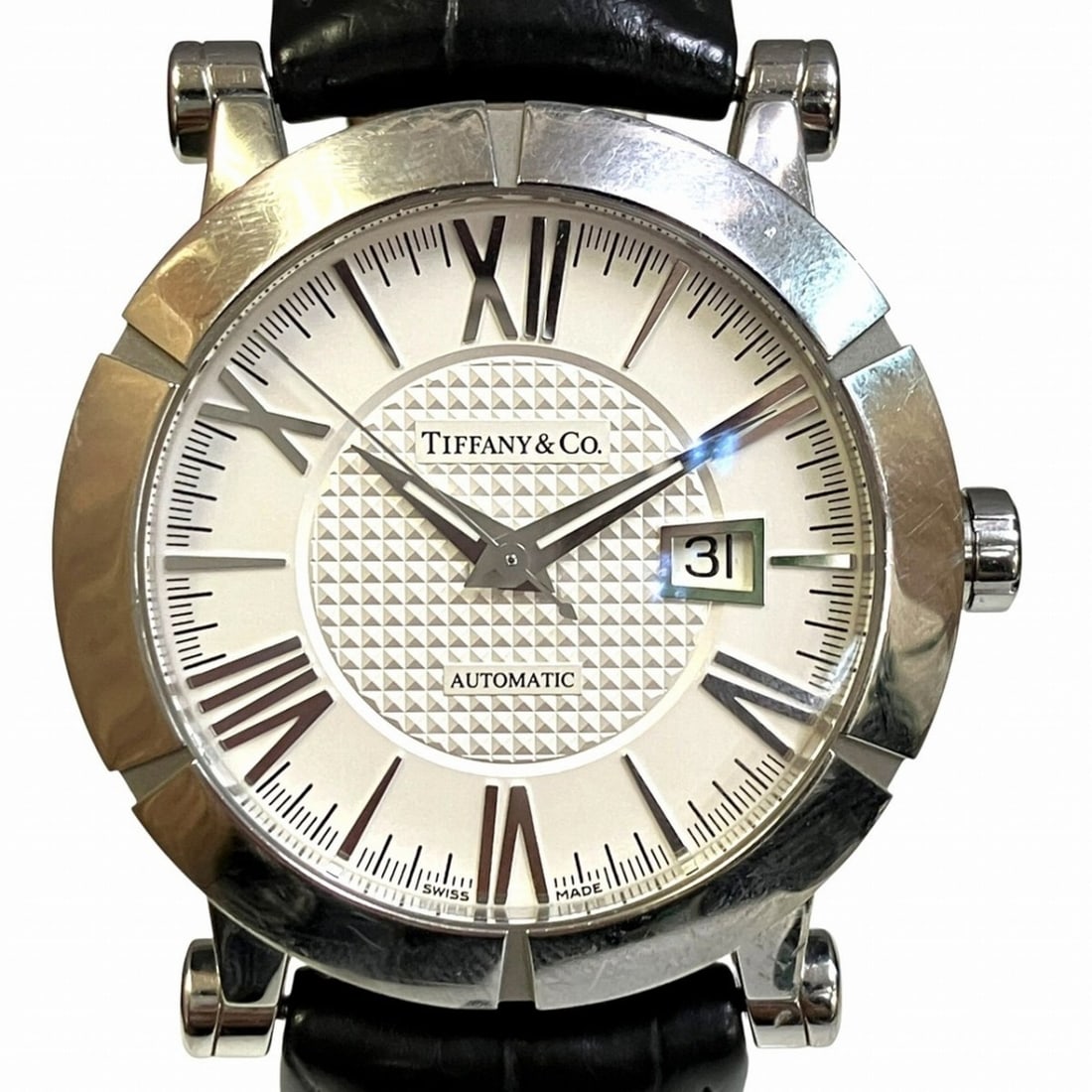 Tiffany & Co. Atlas watch, total weight 107.1g, stainless steel, genuine leather strap, automatic: --- Catalog ---Category: SizeWrist Size: 13cm - 18cm / 5.11'' - 7.08''Case Diameter: 42mm / 1.65''Category: DesignType: WristwatchGender: Men,WomenColor (Dial): SilverMaterial (Band): LeatherMaterial 