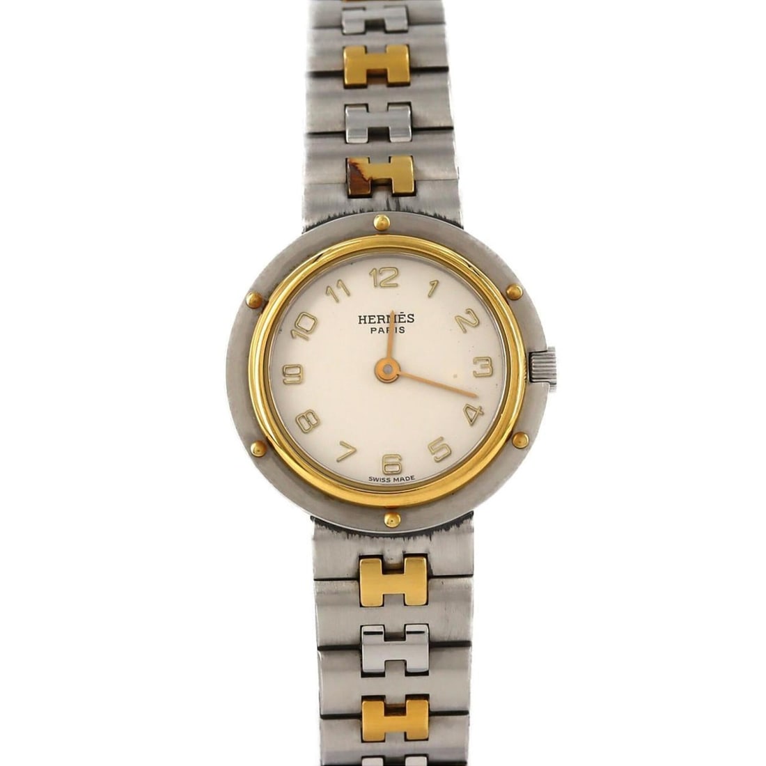 Hermes Olympia Combination SSxGP Quartz Watch: --- Catalog ---Category: SizeWrist Size: 17cm / 6.69''Case Diameter: 24mm / 0.94''Category: DesignType: WristwatchGender: WomenColor (Dial): SilverMaterial (Band): Gold plated, Stainless steelMaterial