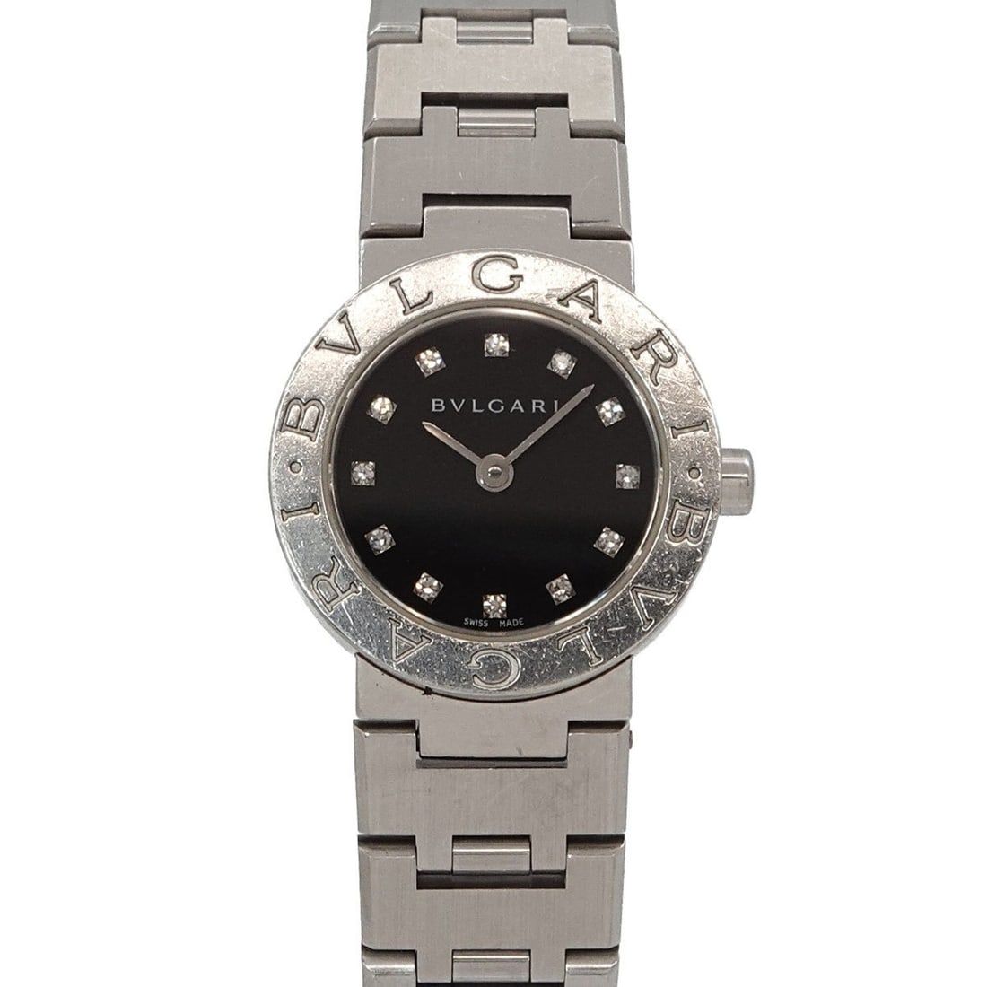 BVLGARI BB23SS Women's Watch 12P Diamond Silver Quartz: --- Catalog ---Category: SizeWrist Size: 14.5cm / 5.7''Case Diameter: 23mm / 0.91''Category: DesignType: WristwatchGender: WomenColor (Dial): BlackMaterial (Band): Stainless steelMaterial (Case): Stai