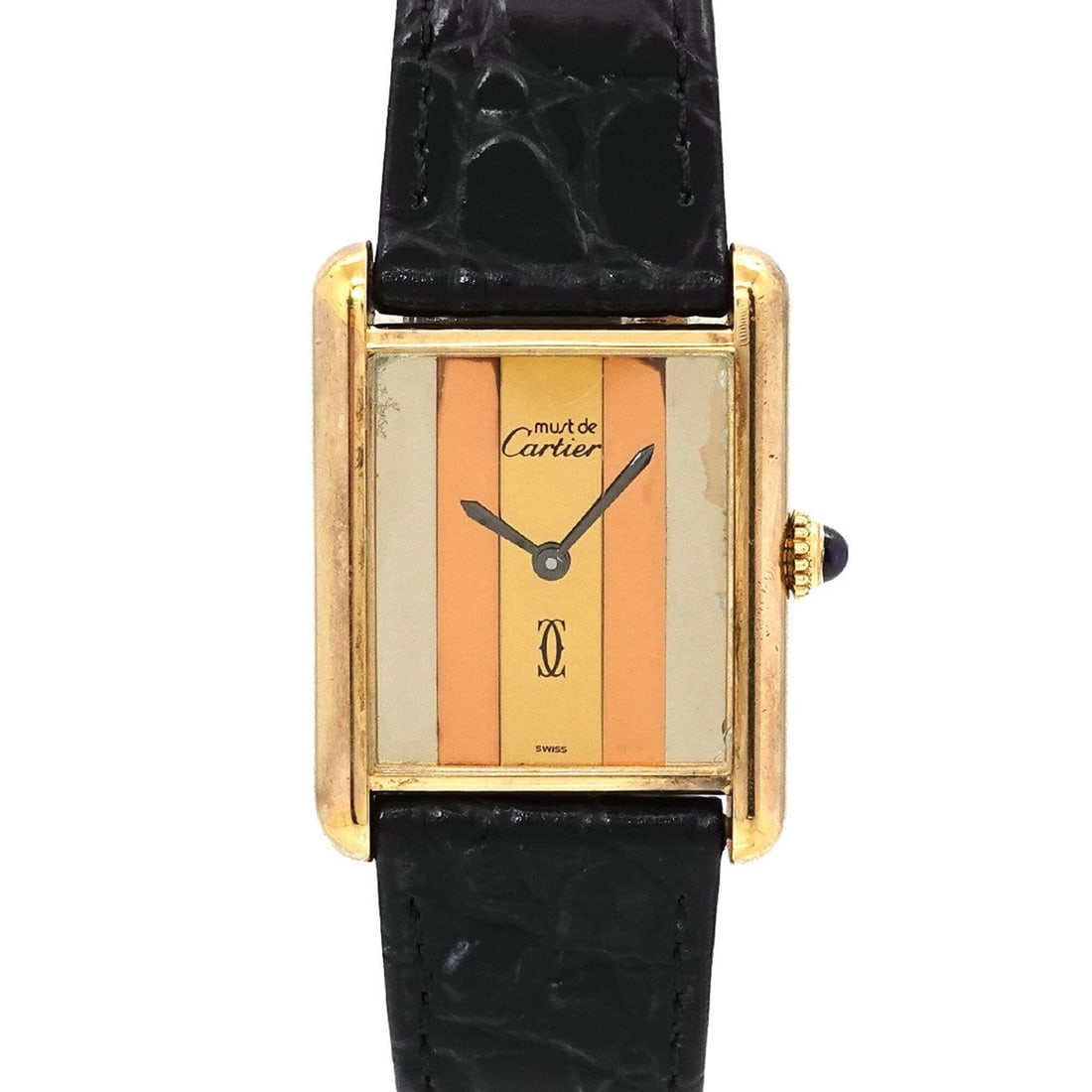 Cartier Must Tank Vermeil Trinity Ladies Watch, 3 Colors, SV925, Manual Winding Watch: --- Catalog ---Category: SizeWrist Size: 14cm - 18cm / 5.51'' - 7.08''Case Diameter: 23mm / 0.91''Category: DesignType: WristwatchGender: WomenMaterial (Band): LeatherMaterial (Case): Gold plated, Sil