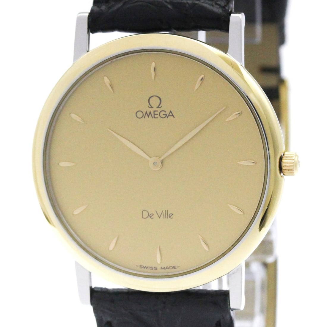 OMEGA De Ville Prestige Quartz Gold Plated Mens Watch 7400.11 Polished: --- Catalog ---Category: SizeCase Diameter: 32mm / 1.26''Category: DesignType: WristwatchStyle: Dress/FormalGender: MenColor (Dial): GoldMaterial (Band): LeatherMaterial (Case): Gold plated, Stainless
