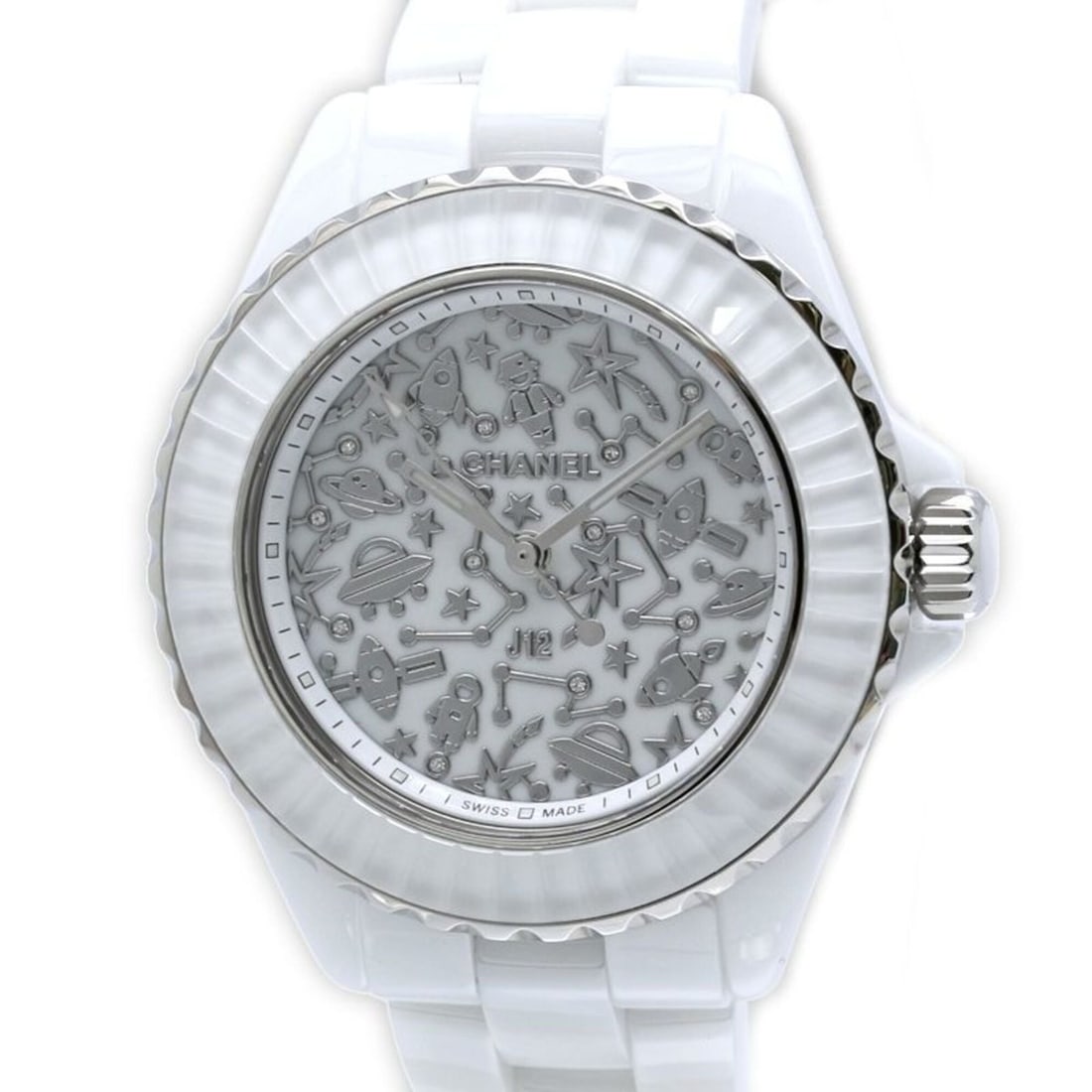 CHANEL J12 Cosmic Diamond H7990 Women's Watch, White Ceramic x Stainless Steel 40440: --- Catalog ---Category: SizeWrist Size: 17cm / 6.69''Case Diameter: 23mm / 0.91''Category: DesignType: WristwatchGender: WomenColor (Dial): WhiteMaterial (Band): Ceramic, Stainless steelMaterial (Cas