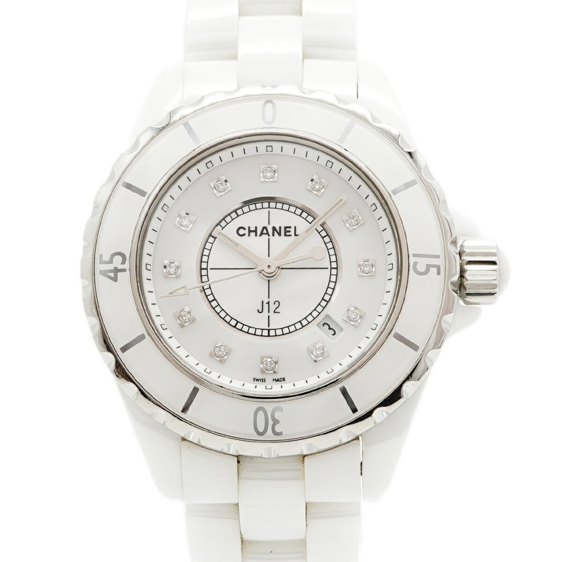 Chanel J12 12P Diamond H1628 White Dial Women's Watch: --- Catalog ---Category: SizeWrist Size: 15.5cm / 6.1''Case Diameter: 33.9mm / 1.33''Category: DesignType: WristwatchGender: WomenColor (Dial): WhiteMaterial (Band): CeramicCategory: GeneralMPN: H1628