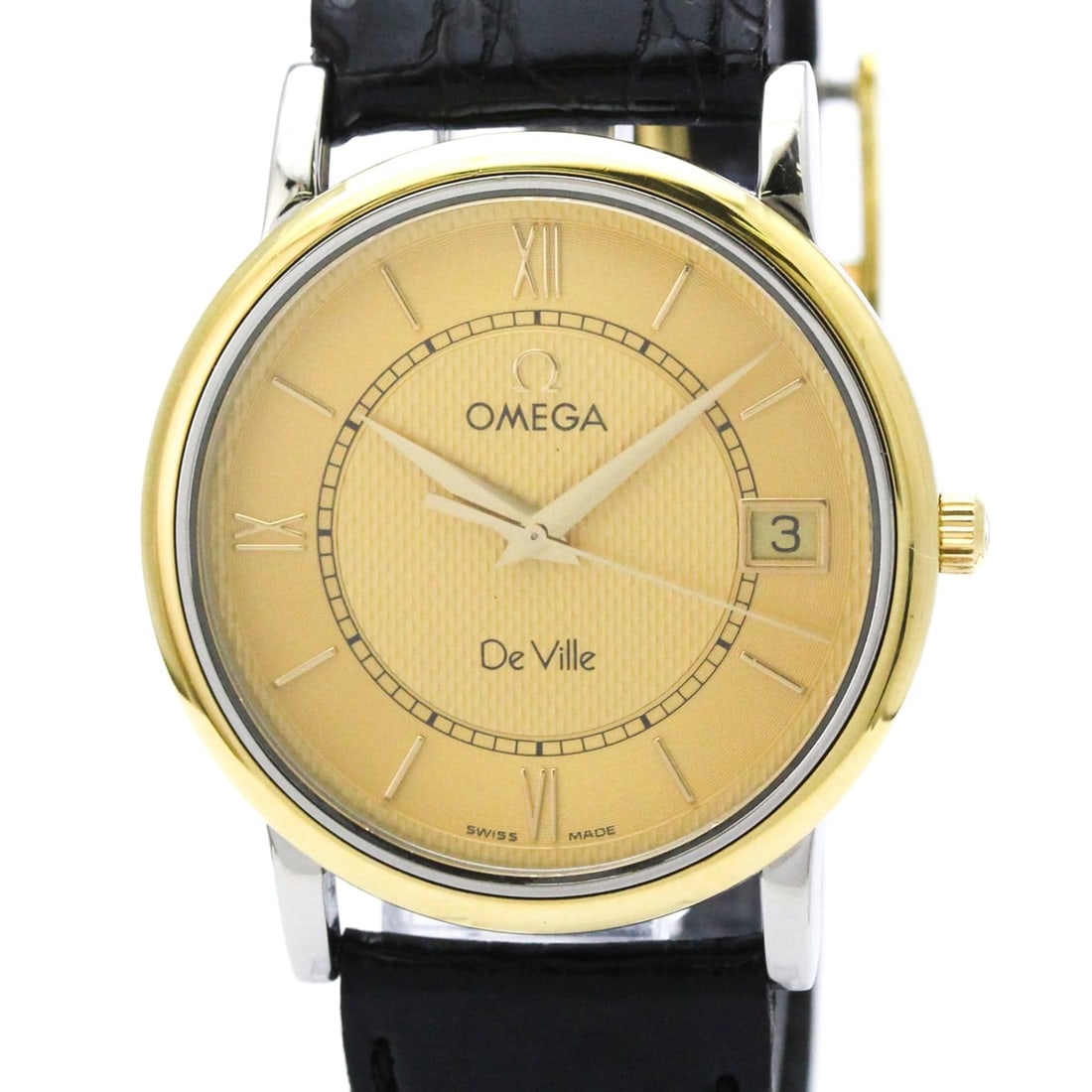 OMEGA Omega Devil Prestige 18K Gold Steel Quartz Mens Watch 7714.11.01: --- Catalog ---Category: SizeCase Diameter: 33mm / 1.3''Category: DesignType: WristwatchStyle: Dress/FormalGender: MenColor (Dial): GoldMaterial (Band): LeatherMaterial (Case): Stainless steel, Yellow