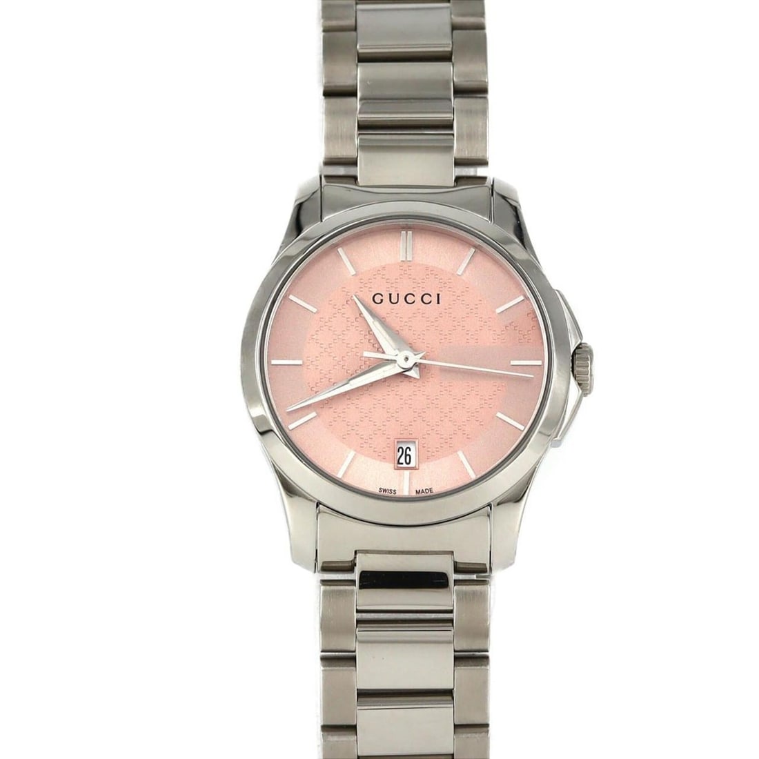 Gucci G-Timeless 126.5 YA126524 SS Quartz Watch: --- Catalog ---Category: SizeWrist Size: 14.5cm / 5.7''Case Diameter: 27mm / 1.06''Category: DesignType: WristwatchGender: WomenColor (Dial): PinkMaterial (Band): Stainless steelMaterial (Case): Stain