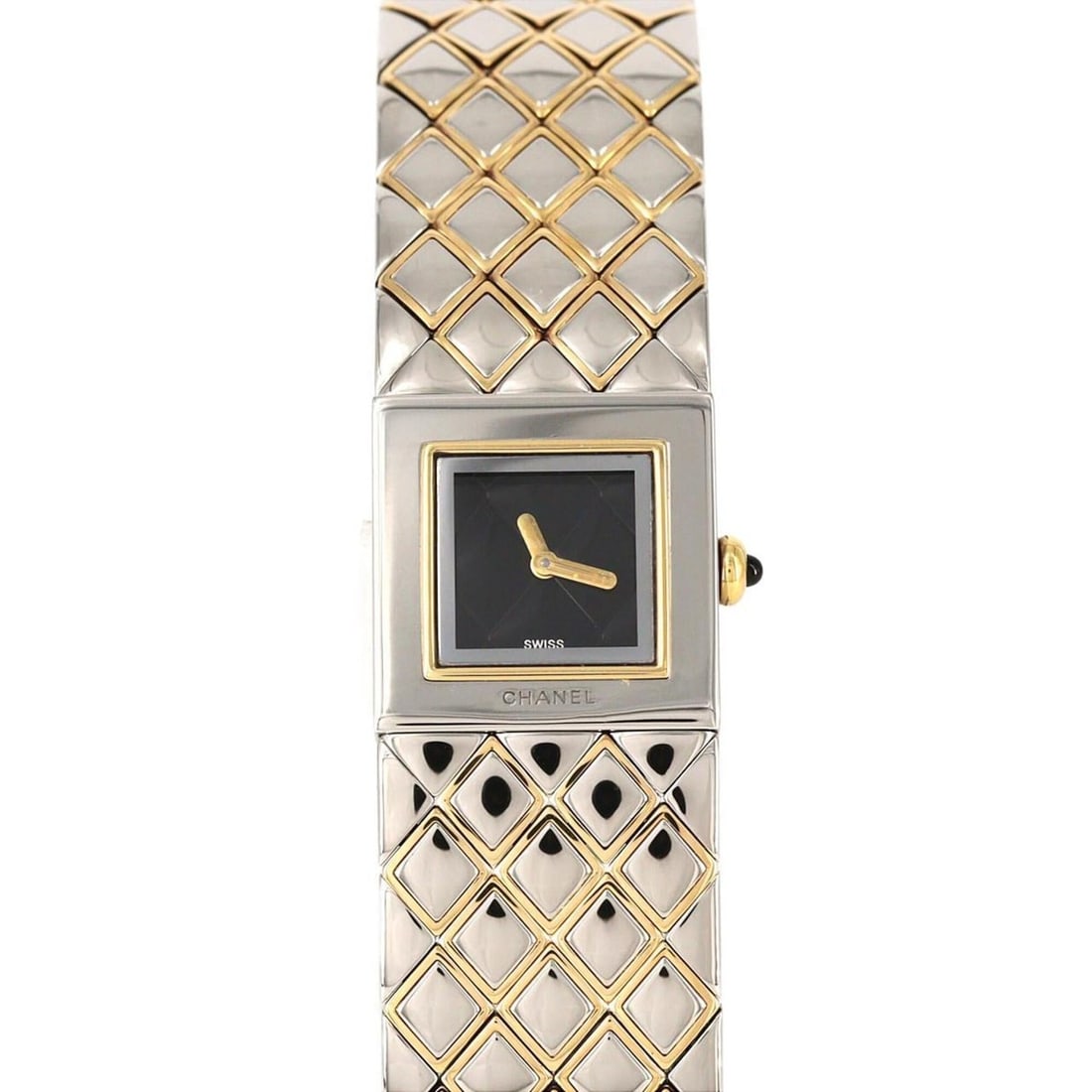 Chanel Matelassé Combination H0475 SSxYG Quartz Watch: --- Catalog ---Category: SizeWrist Size: 14.5cm / 5.7''Case Diameter: 19mm / 0.75''Category: DesignType: WristwatchGender: WomenColor (Dial): BlackMaterial (Band): Stainless steel, Yellow goldMaterial