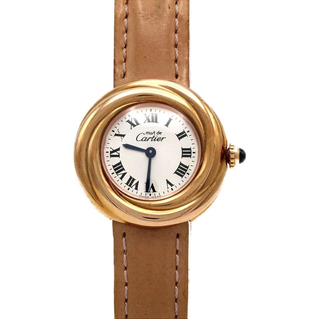 Cartier Must Trinity GP W1015045 Quartz Watch: --- Catalog ---Category: SizeCase Diameter: 27mm / 1.06''Category: DesignType: WristwatchGender: WomenColor (Dial): SilverMaterial (Case): Gold platedCategory: GeneralMPN: W1015045Brand: CartierCatego