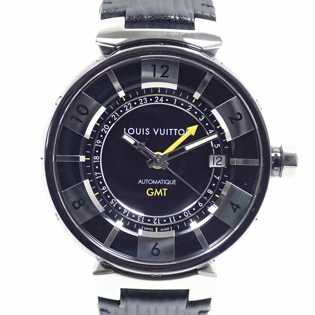 Louis Vuitton Tambour GMT Men's Automatic Watch, Stainless Steel, Leather Strap, Q113K, Winding,: --- Catalog ---Category: SizeWrist Size: 20cm / 7.87''Case Diameter: 38mm / 1.5''Category: DesignType: WristwatchGender: MenColor (Dial): Black, SilverMaterial (Band): LeatherMaterial (Case): Stainles