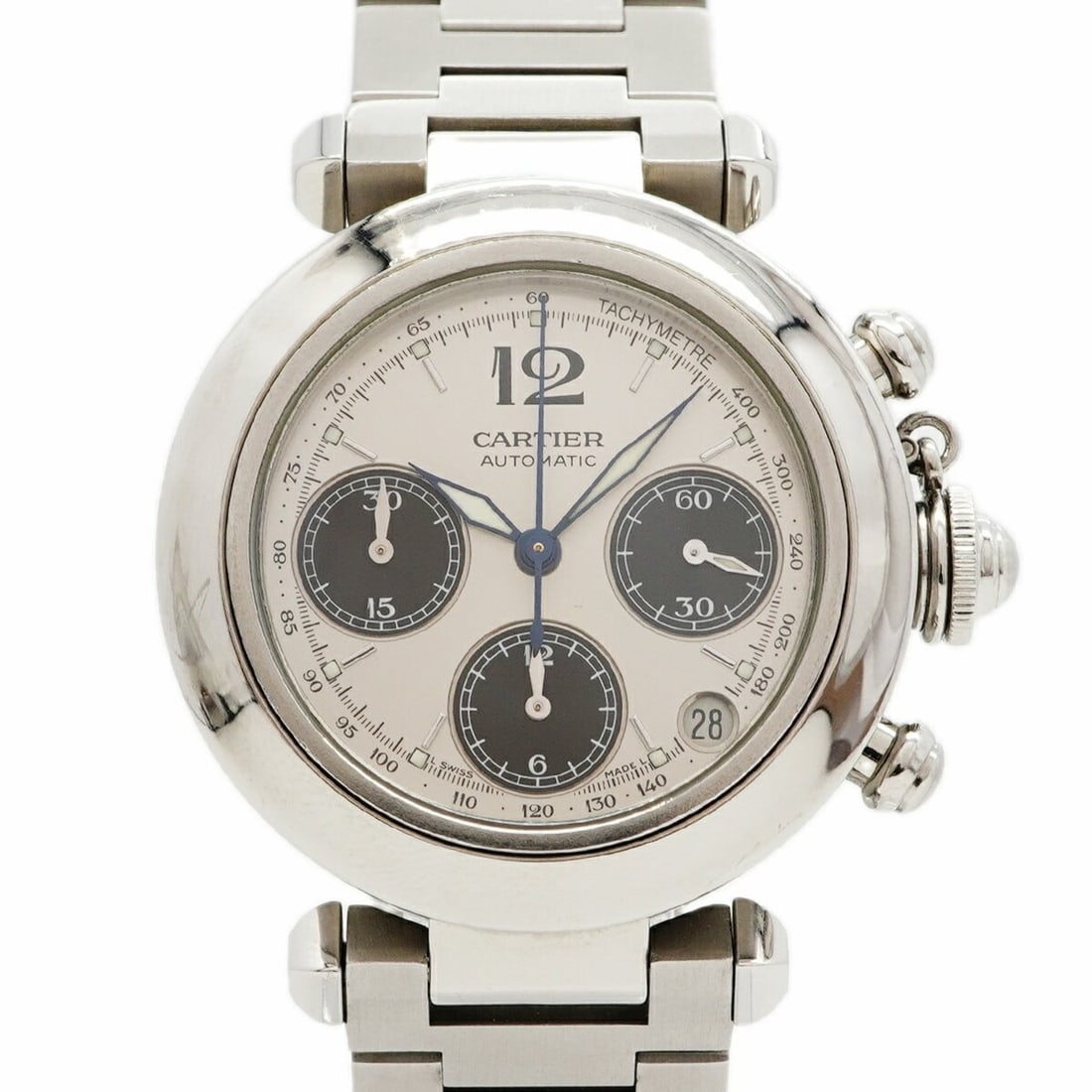Cartier Pasha C W31048M7 Silver Dial Watch (Boys' Size): --- Catalog ---Category: SizeWrist Size: 17cm / 6.69''Case Diameter: 36.2mm / 1.43''Category: DesignType: WristwatchGender: BoysColor (Dial): SilverMaterial (Band): Stainless steelCategory: GeneralMPN