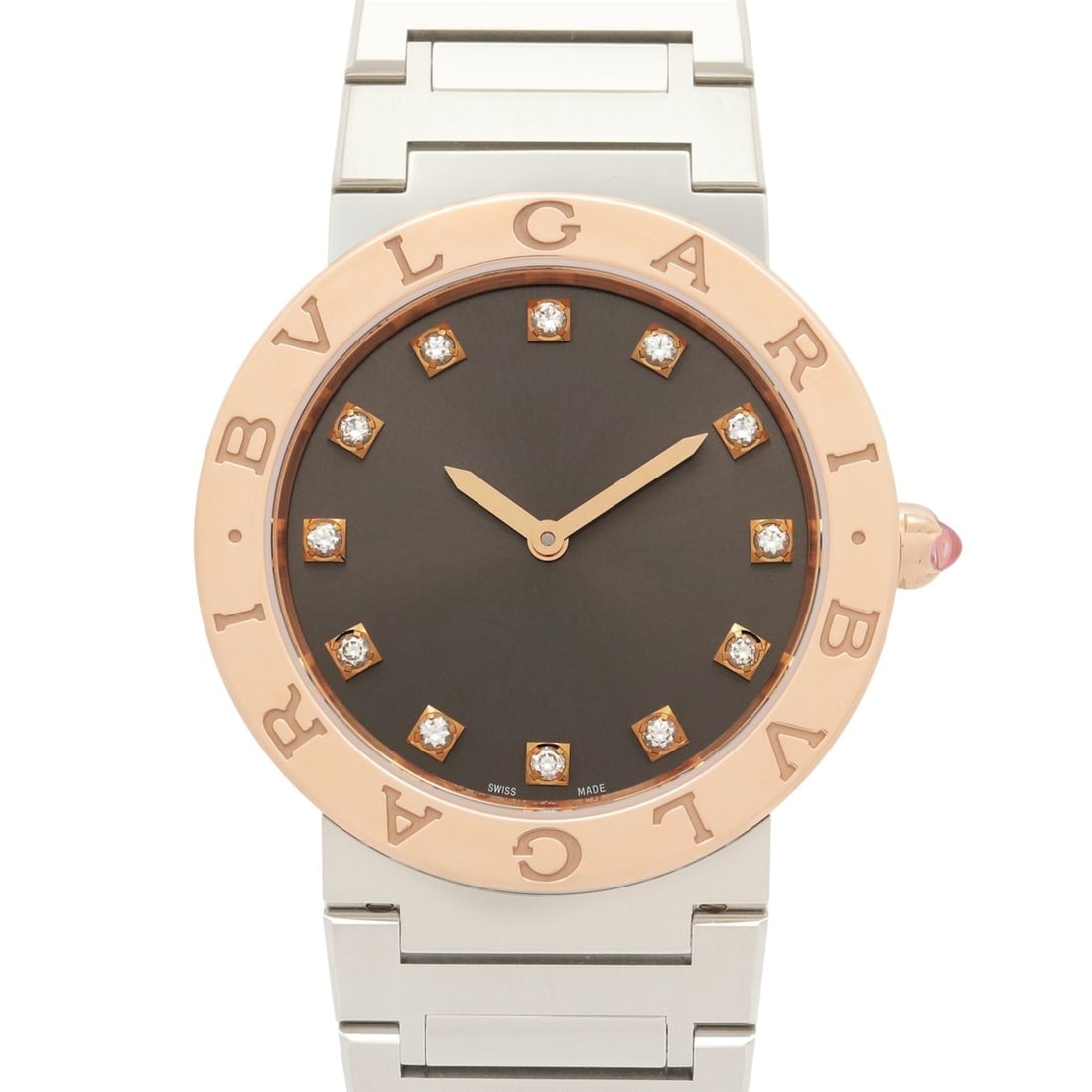 BVLGARI Bulgari 12-Diamond Watch, 18K Pink Gold (PG) Stainless Steel, Women's, Gray Tone, BBP33SG: --- Catalog ---Category: SizeWrist Size: 17cm / 6.69''Case Diameter: 33mm / 1.3''Category: DesignType: WristwatchGender: WomenColor (Dial): GrayMaterial (Band): Pink gold (18K), Stainless steelMateria