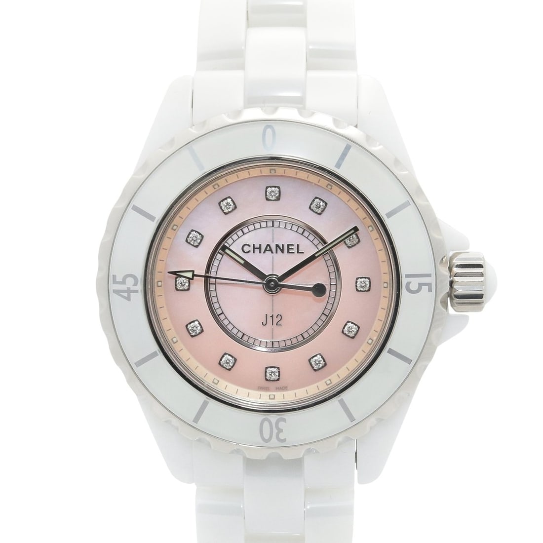 Chanel J12 12-Diamond Watch, Ceramic, Diamond, Ladies, Pink Tone, Shell, H5513: --- Catalog ---Category: SizeWrist Size: 17.5cm / 6.88''Case Diameter: 33.7mm / 1.33''Category: DesignType: WristwatchGender: WomenColor (Dial): Pink shellMaterial (Band): CeramicMaterial (Case): Cera
