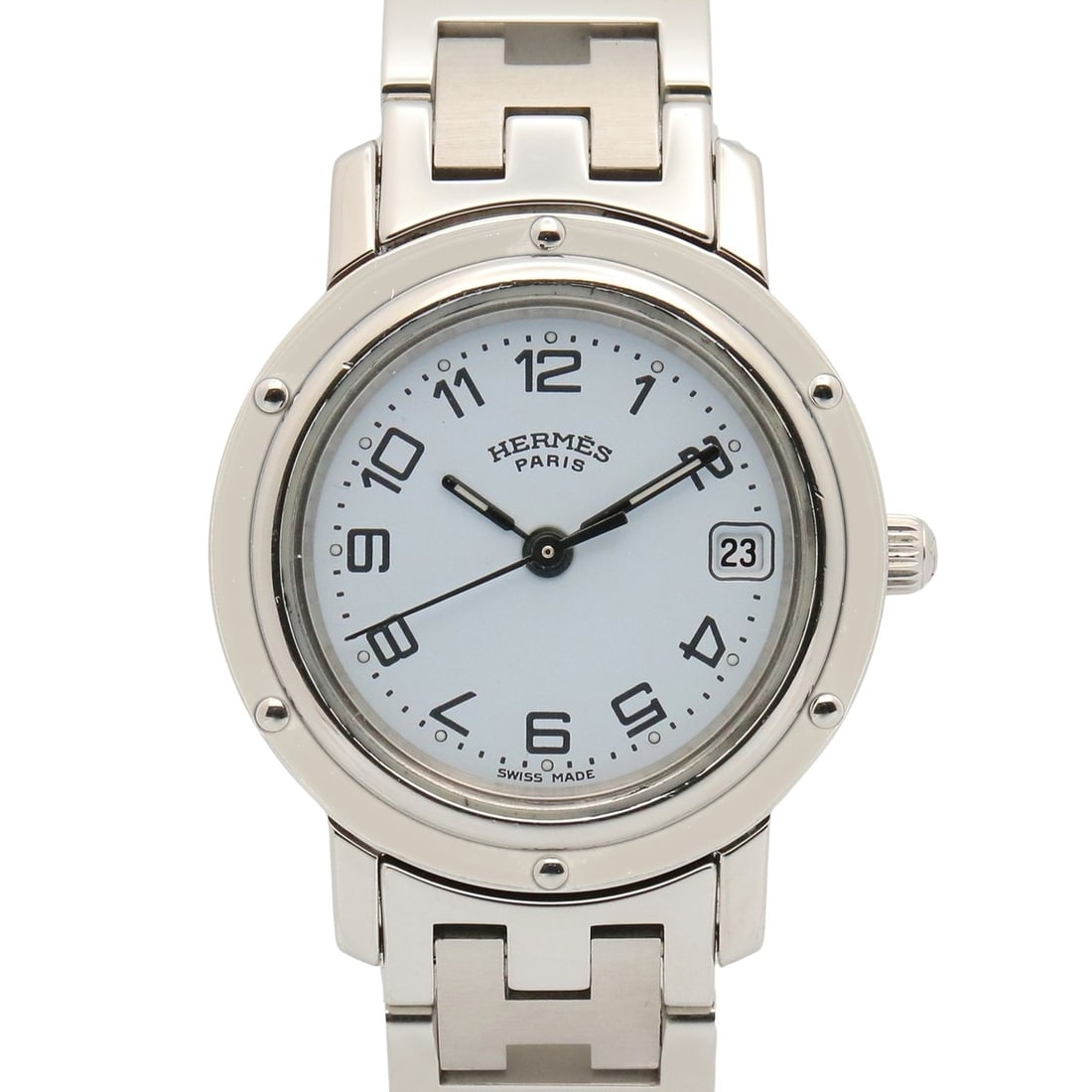 Hermes Clipper Watch, Stainless Steel, Women's, White (CL4.210): --- Catalog ---Category: SizeWrist Size: 14cm / 5.51''Case Diameter: 24mm / 0.94''Category: DesignType: WristwatchGender: WomenColor (Dial): WhiteMaterial (Band): Stainless steelMaterial (Case): Stain