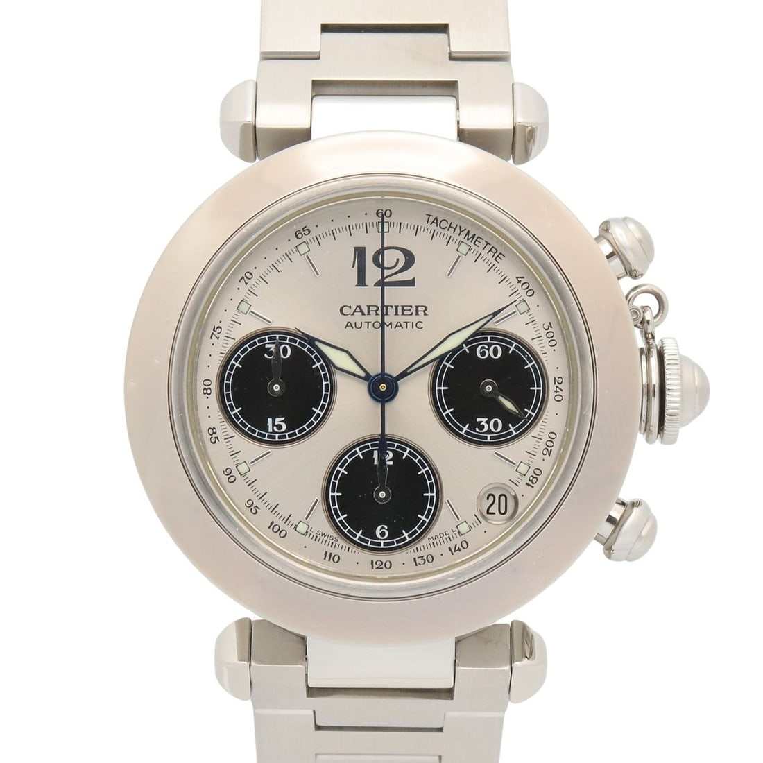 Cartier Pasha C Chronograph Watch, Stainless Steel, Boys' Size, Silver Tone, W31048M7: --- Catalog ---Category: SizeWrist Size: 16cm / 6.29''Case Diameter: 36mm / 1.42''Category: DesignType: WristwatchGender: Men,WomenColor (Dial): SilverMaterial (Band): Stainless steelMaterial (Case): 