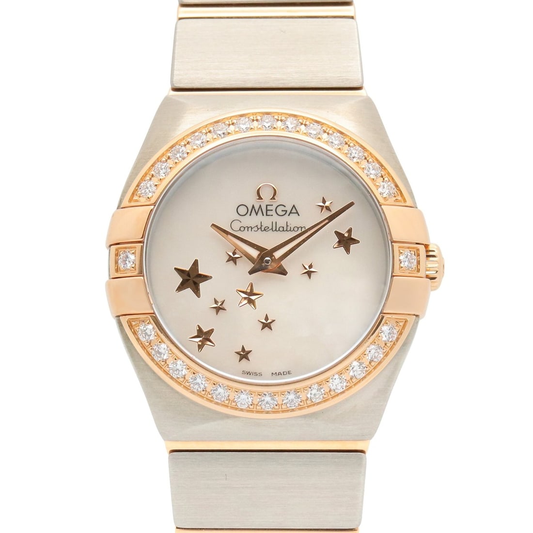 Omega Constellation Star Blue Diamond Bezel Watch, 18K Pink Gold (PG) Stainless Steel, Diamond,: --- Catalog ---Category: SizeWrist Size: 15.5cm / 6.1''Case Diameter: 24mm / 0.94''Category: DesignType: WristwatchGender: WomenColor (Dial): White shellMaterial (Band): Pink gold (18K), Stainless ste