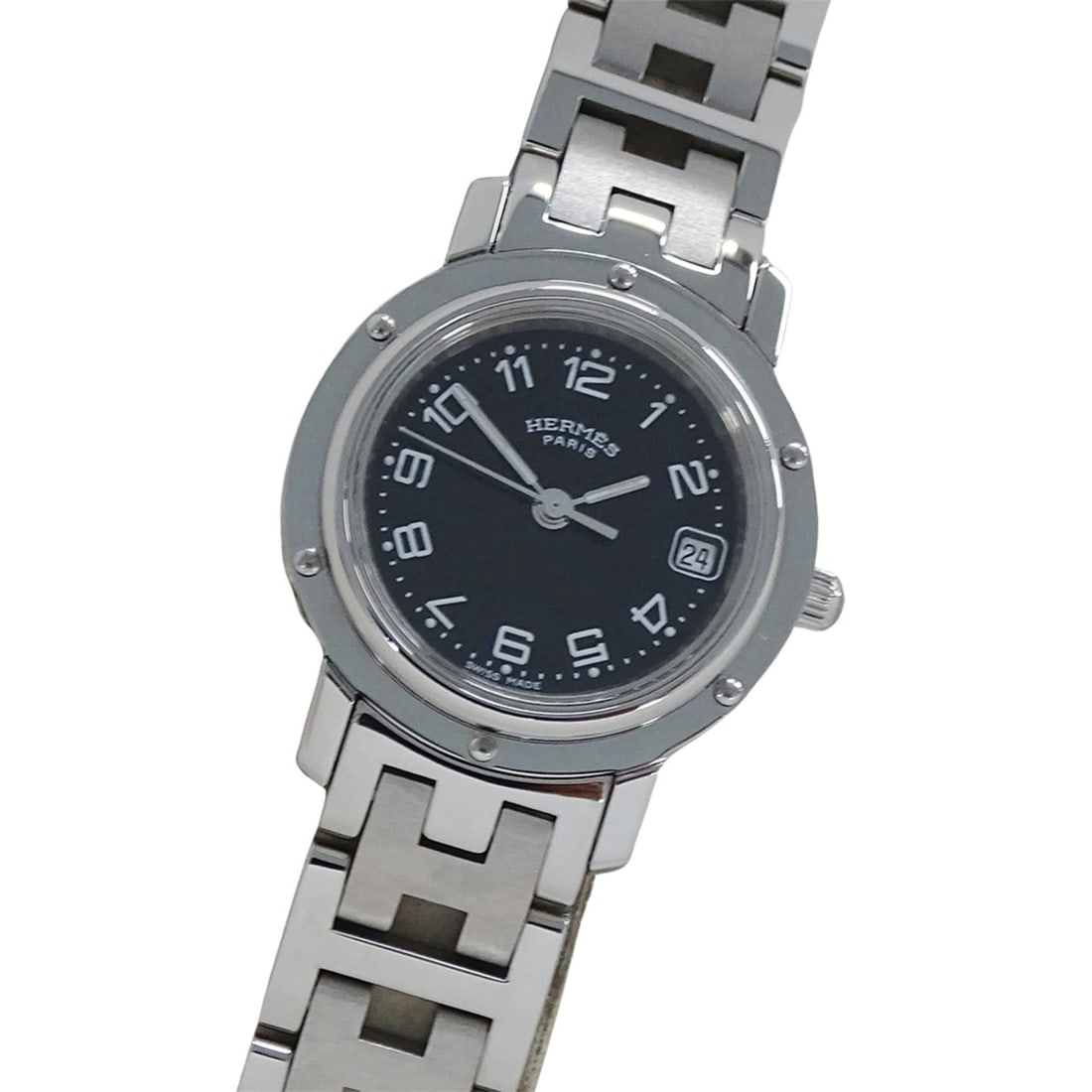 Hermes HERMES Women's Watch, Clipper Date, Quartz, Stainless Steel (SS), CL4.210, Silver & Black: --- Catalog ---Category: SizeWrist Size: 17cm / 6.69''Case Diameter: 24mm / 0.94''Category: DesignType: WristwatchGender: WomenColor (Dial): BlackMaterial (Band): Stainless steelMaterial (Case): Stain