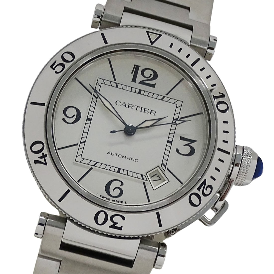 Cartier Pasha Seatimer Date Automatic Watch for Men, Stainless Steel (SS) W31080M7, Silver: --- Catalog ---Category: SizeWrist Size: 18.5cm / 7.28''Case Diameter: 40mm / 1.57''Category: DesignType: WristwatchGender: MenColor (Dial): SilverMaterial (Band): Stainless steelMaterial (Case): Stai