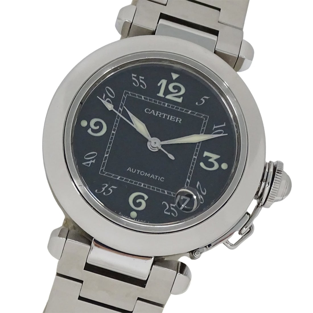 Cartier Pasha C Date Automatic Watch for Boys, Stainless Steel (SS) W31043M7, Silver & Black: --- Catalog ---Category: SizeWrist Size: 19.5cm / 7.67''Case Diameter: 35mm / 1.38''Category: DesignType: WristwatchGender: MenColor (Dial): BlackMaterial (Band): Stainless steelMaterial (Case): Stain