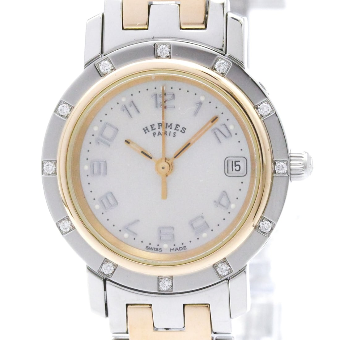 HERMES Clipper Diamond Pink MOP Dial Quartz Watch CL4.222 Polished: --- Catalog ---Category: SizeCase Diameter: 24mm / 0.94''Category: DesignType: WristwatchStyle: Dress/FormalGender: WomenColor (Dial): Pink shellMaterial (Band): Pink gold plated, Stainless steelMater