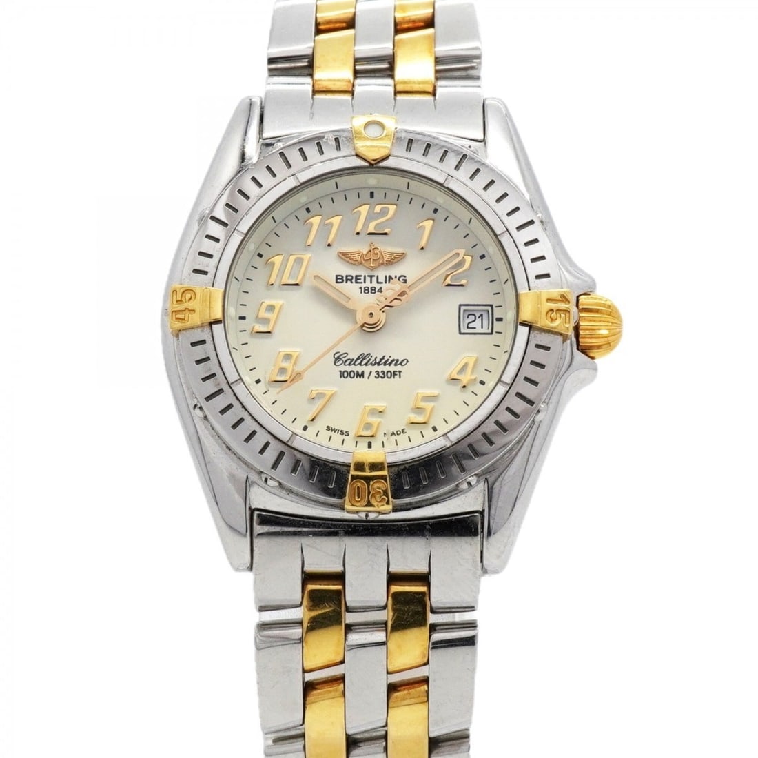 Breitling Callistino B52345 Ivory Dial Women's Watch: --- Catalog ---Category: SizeWrist Size: 15.5cm / 6.1''Case Diameter: 27.8mm / 1.09''Category: DesignType: WristwatchGender: WomenColor (Dial): IvoryMaterial (Band): Gold plated, Stainless steelCatego