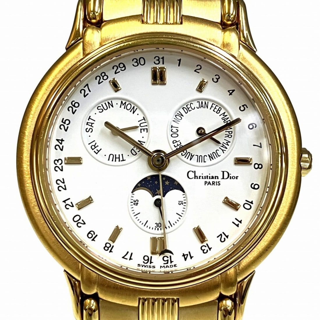 Christian Dior Moon Phase Triple Calendar Watch, Total Weight 70.6g, GP (Gold Plated) finish, Quartz: --- Catalog ---Category: SizeWrist Size: 18.5cm / 7.28''Case Diameter: 33.5mm / 1.32''Category: DesignType: WristwatchGender: MenColor (Dial): WhiteMaterial (Band): Gold platedMaterial (Case): Gold pl