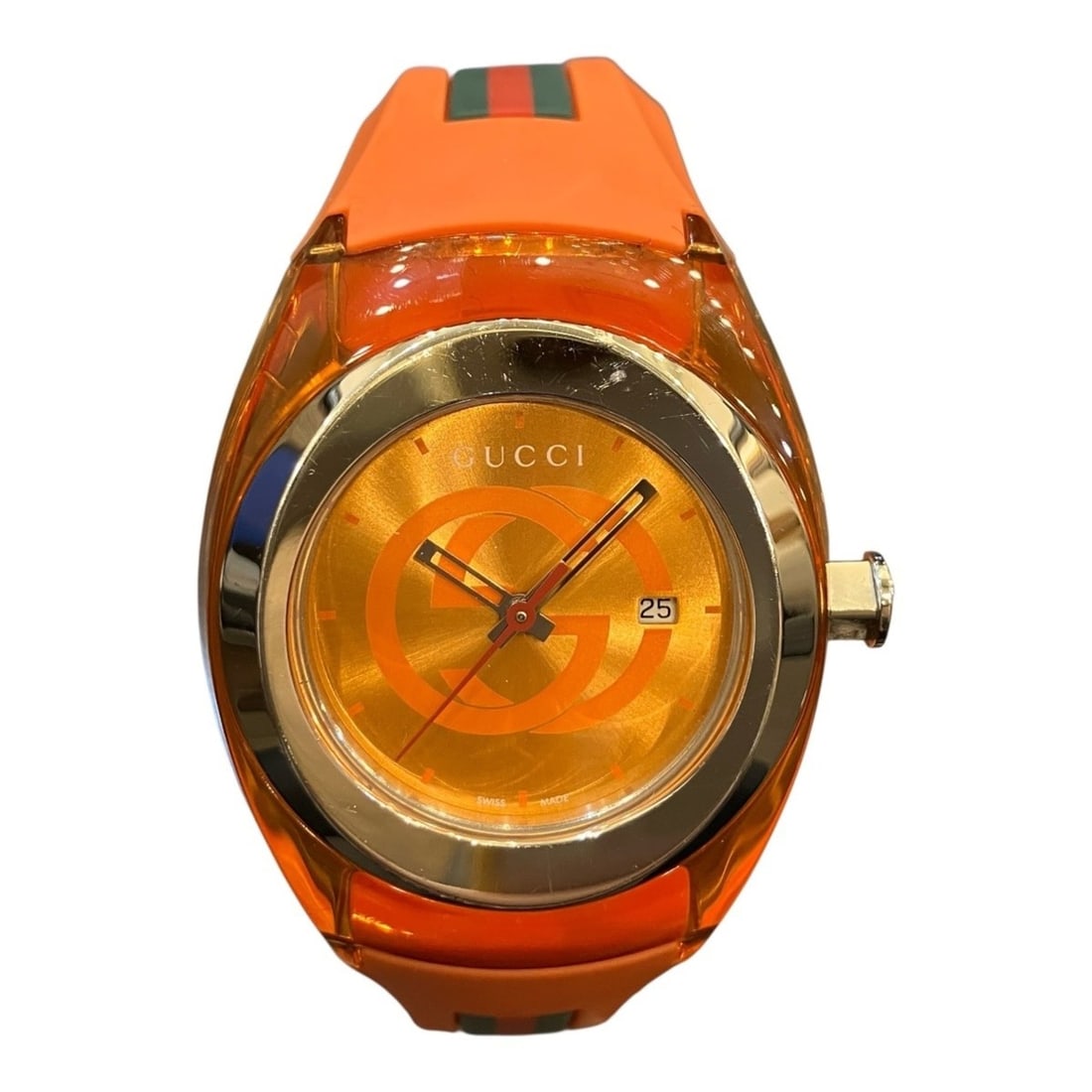 Gucci Sync watch, total weight 53g, stainless steel, rubber strap, quartz movement, orange dial,: --- Catalog ---Category: SizeWrist Size: 13cm - 17.5cm / 5.11'' - 6.88''Case Diameter: 36mm / 1.42''Category: DesignType: WristwatchGender: Men,WomenColor (Dial): OrangeMaterial (Band): Bamboo, Rubber