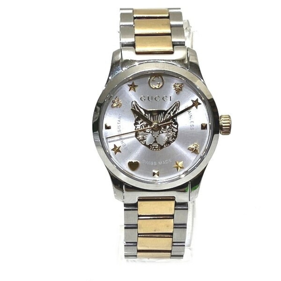 Gucci G-Timeless 126.5 Quartz Cat Head Watch for Women: --- Catalog ---Category: SizeWrist Size: 15cm / 5.9''Case Diameter: 33mm / 1.3''Category: DesignType: WristwatchGender: WomenColor (Dial): SilverMaterial (Band): Stainless steelMaterial (Case): Stainl