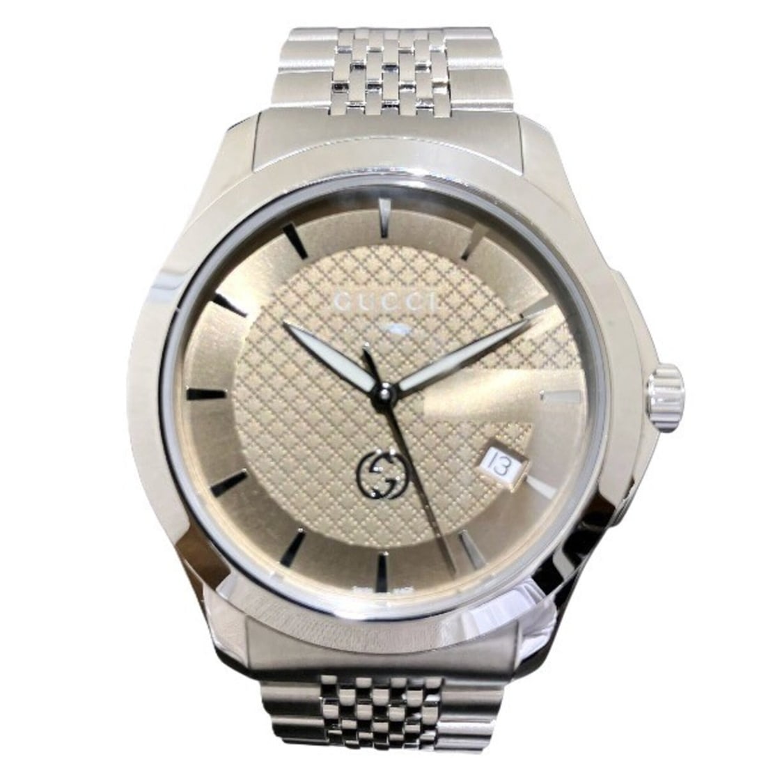 Gucci G-Timeless 126.4 Quartz Watch for Men: --- Catalog ---Category: SizeWrist Size: 17.5cm / 6.88''Case Diameter: 40mm / 1.57''Category: DesignType: WristwatchGender: MenColor (Dial): BrownMaterial (Band): Stainless steelMaterial (Case): Stain