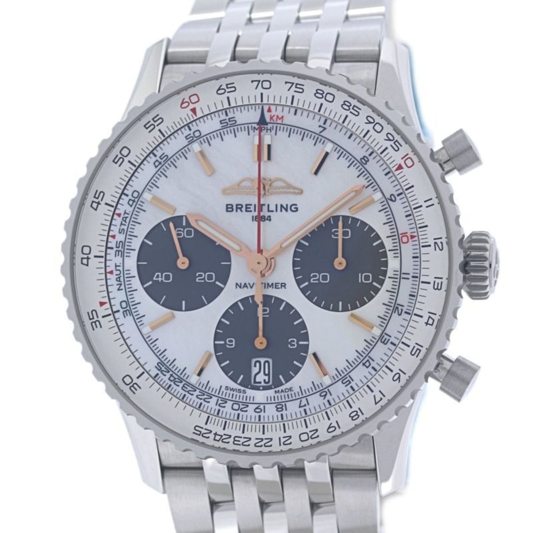 BREITLING Navitimer B01 AB0139211A1A1 AB0139 Chronograph Japan Edition Men's Watch SS 40399: --- Catalog ---Category: SizeWrist Size: 21.5cm / 8.46''Case Diameter: 41mm / 1.61''Category: DesignType: WristwatchGender: MenGemstone: White shellColor (Dial): White shellMaterial (Band): Stainless 