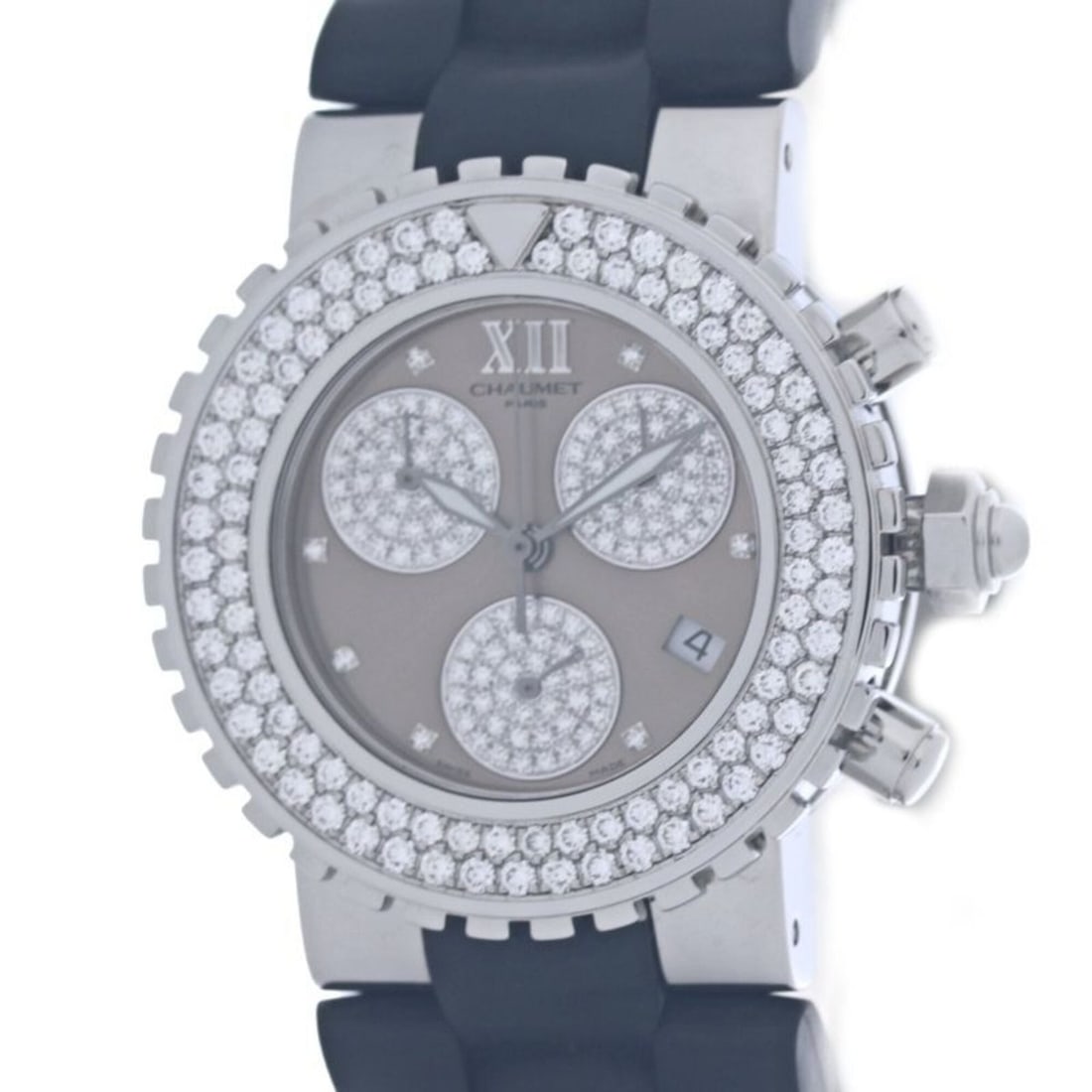 Chaumet Class One LM Chronograph Diamond W06247-17A Men's Watch 40387: --- Catalog ---Category: SizeWrist Size: 19cm / 7.48''Case Diameter: 37mm / 1.46''Category: DesignType: WristwatchGender: MenGemstone: DiamondColor (Dial): Brown, GrayMaterial (Band): Rubber, Stainles