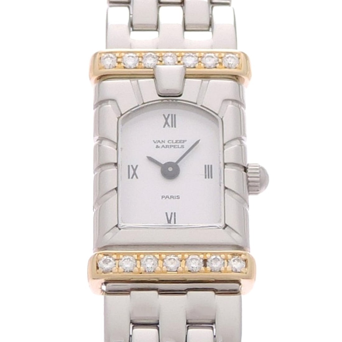 Van Cleef & Arpels Facade Diamond Ladies Watch 531963T5: --- Catalog ---Category: SizeWrist Size: 14.5cm / 5.7''Case Diameter: 14mm / 0.55''Category: DesignType: WristwatchGender: WomenColor (Dial): WhiteMaterial (Band): Stainless steelMaterial (Case): Stai