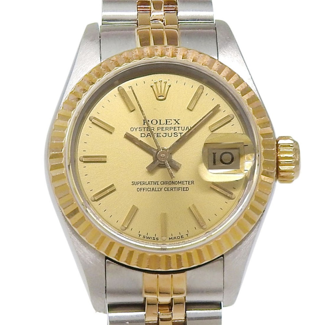 Rolex Datejust Two-Tone 69173, serial number in the 96s range, champagne gold dial, stainless steel,: --- Catalog ---Category: SizeWrist Size: 15.5cm / 6.1''Case Diameter: 26mm / 1.02''Category: DesignType: WristwatchGender: WomenColor (Dial): ChampagneMaterial (Band): Stainless steel, Yellow gold (18
